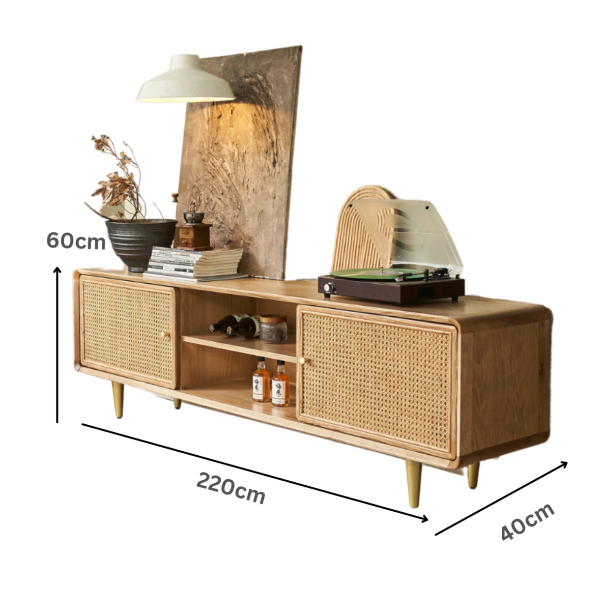 BohoBoho Laxo Solid Wood & Rattan TV unit, Natural Wood, 220x40x60cm