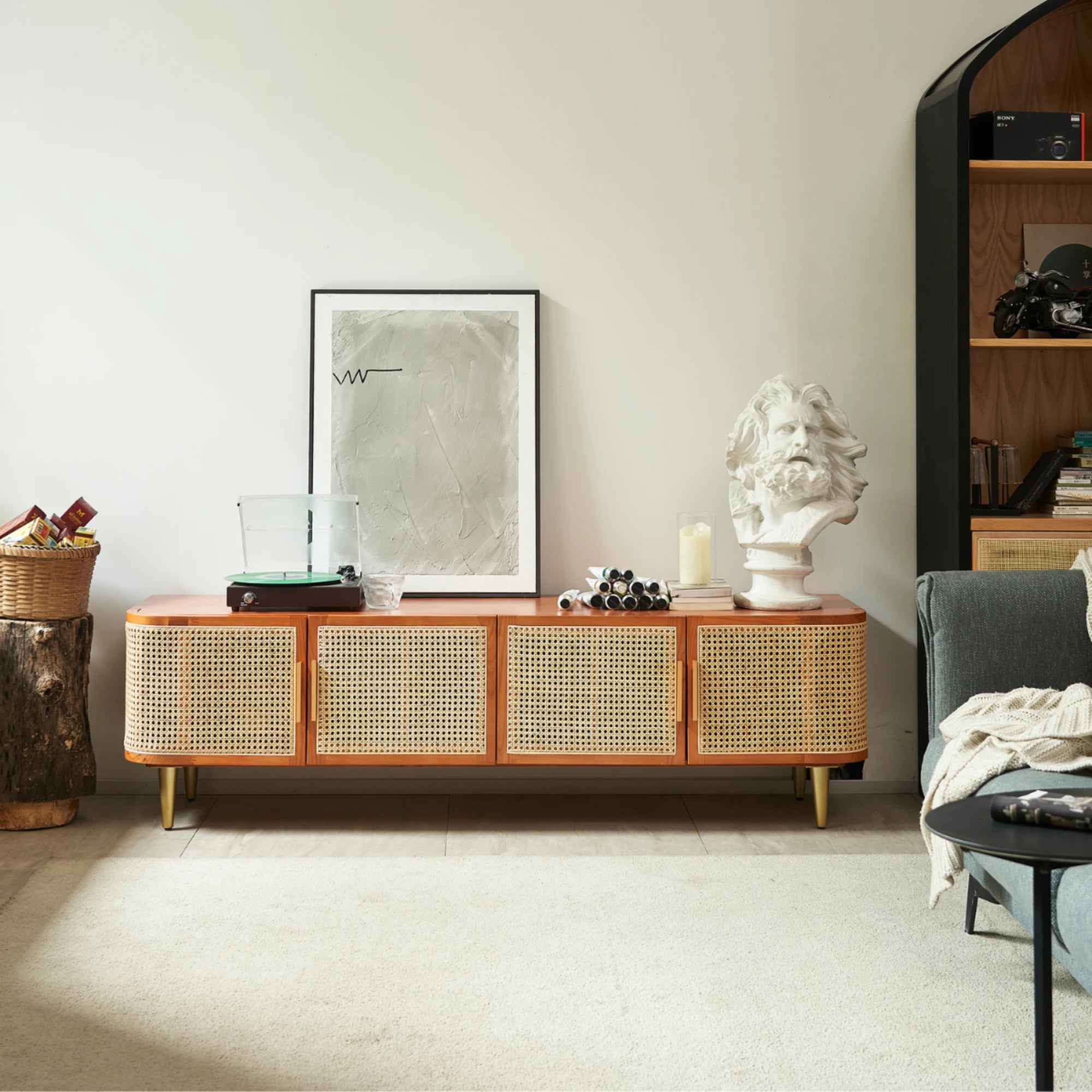BohoBoho Luna Solid Wood & Rattan Curved TV Cabinet, Dark Wood, 180x42.5x50cm