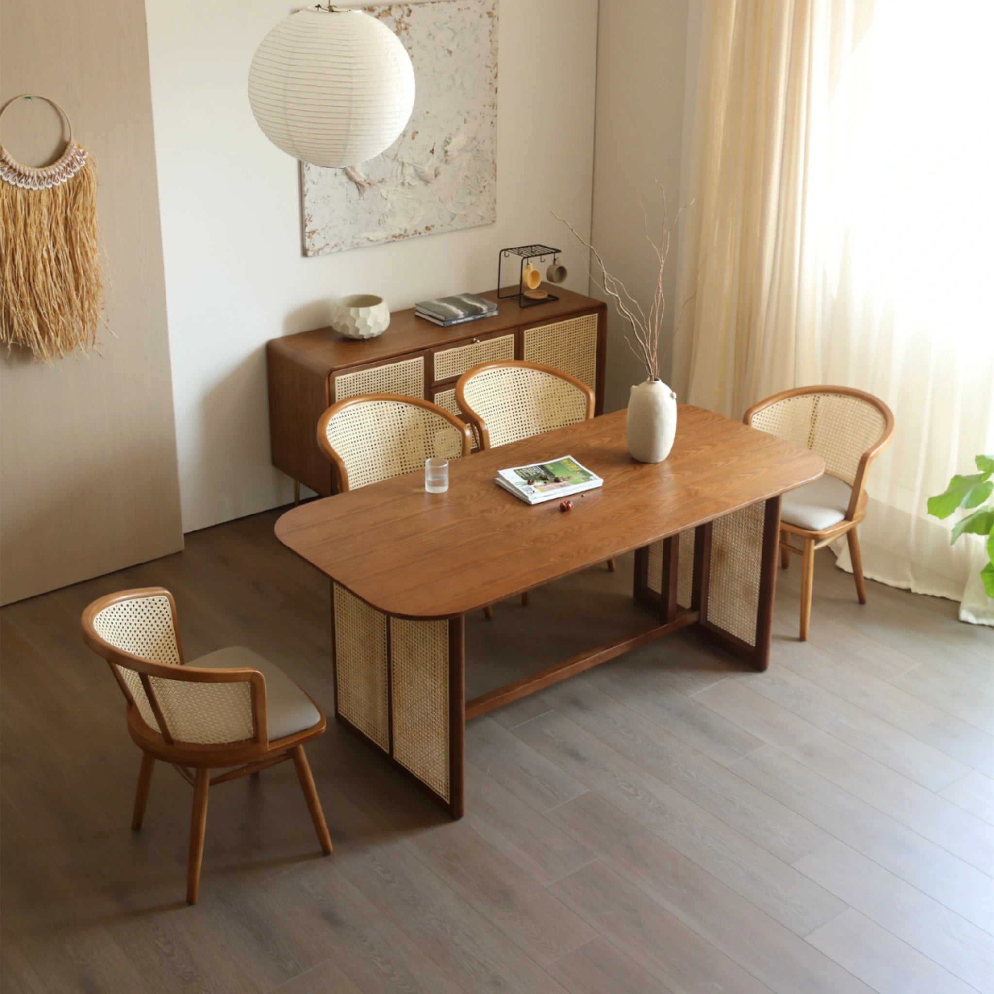 Bohoboho Monte Solid Wood & Rattan Dining Table, Natural Wood