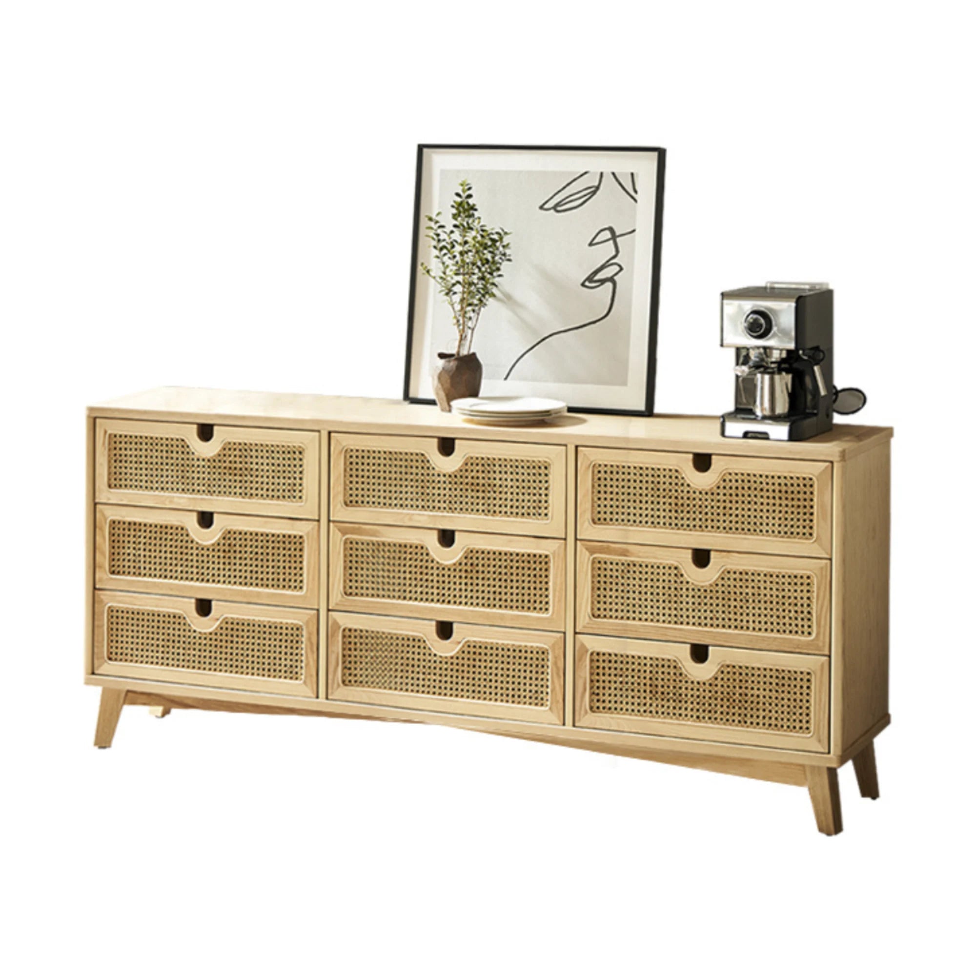 BohoBoho Ora Solid Wood & Rattan Chest of 9 drawers, Natural Wood, 180x40x90cm