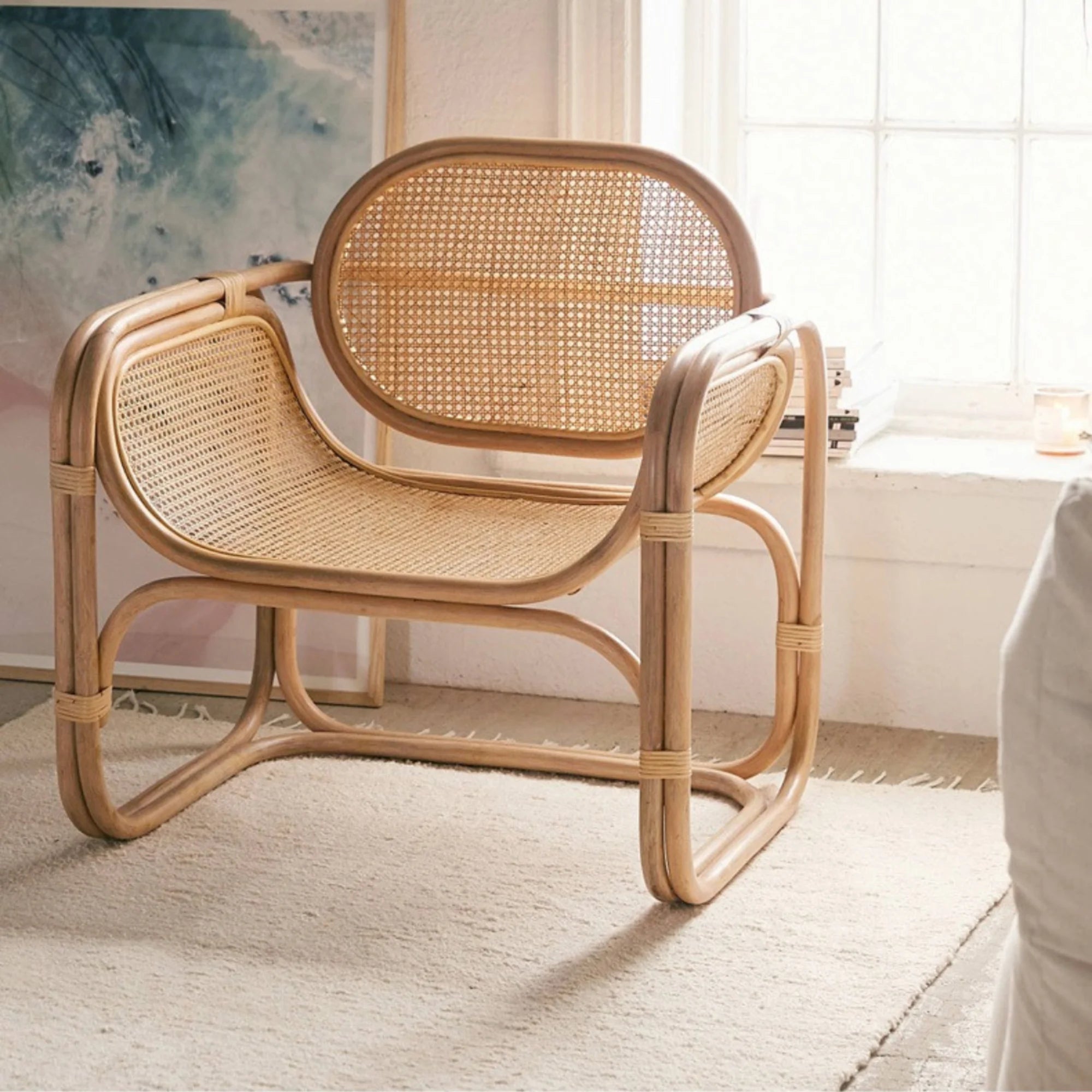 BohoBoho Sedo Solid Wood & Rattan Lounge Chair, Natural Wood