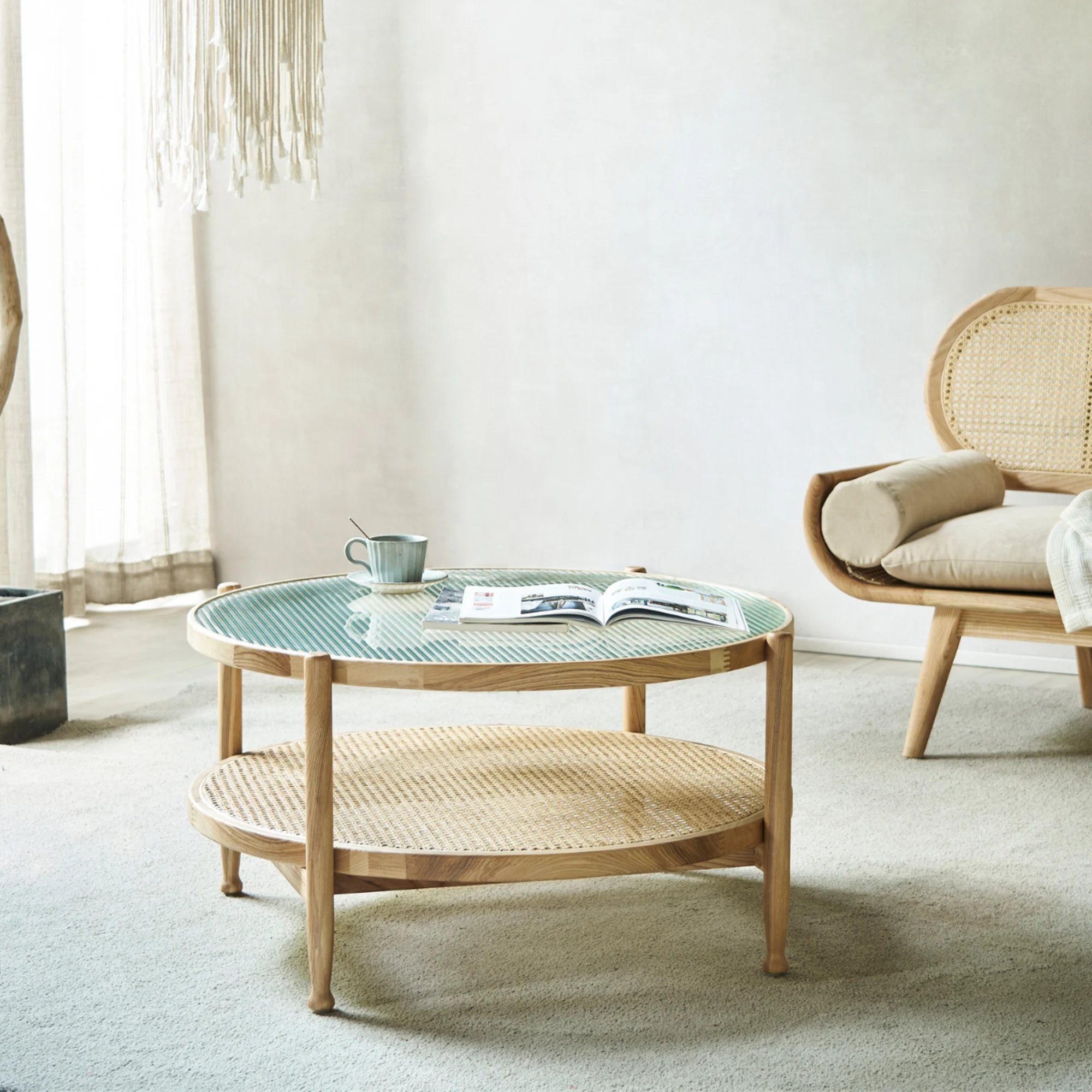 BohoBoho Verus Solid Wood & Rattan Ripple Coffee Table, Natural Wood, 86x46cm