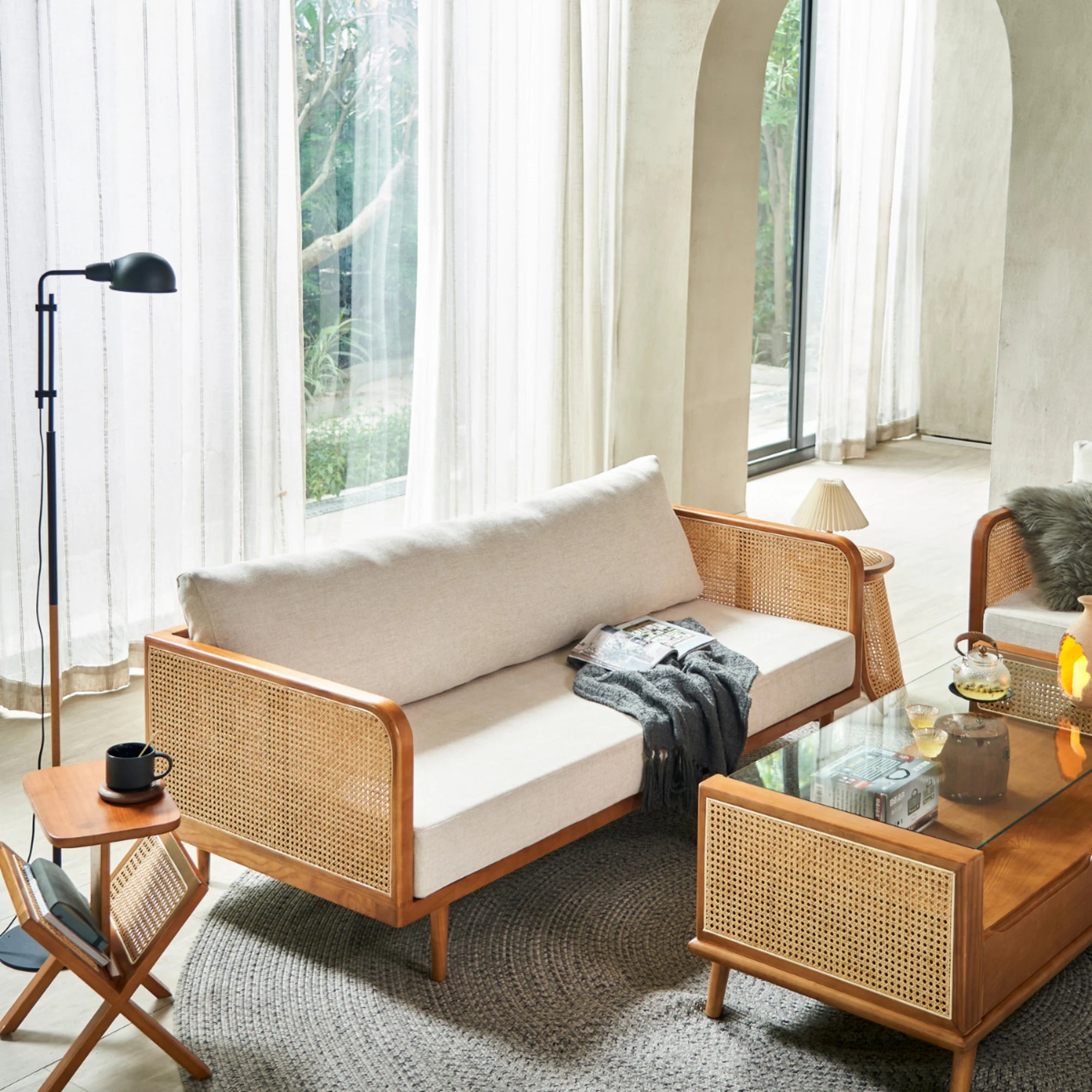 BohoBoho Verus Solid Wood & Rattan 3-Seater Sofa, Natural Wood, 190x83x65cm