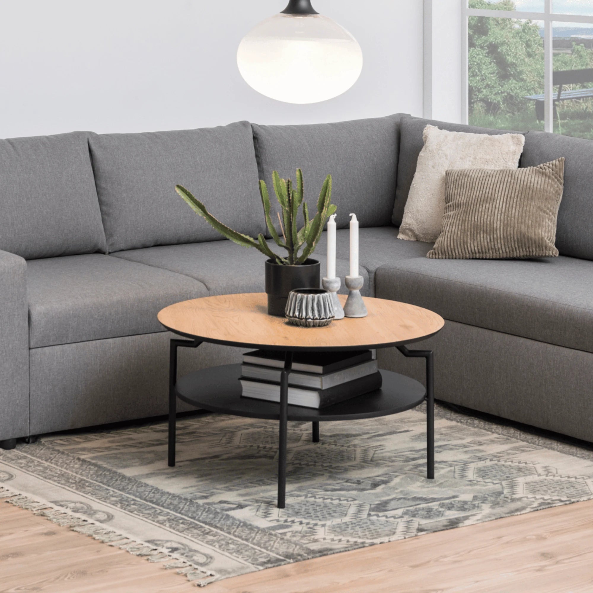 Hjem Design Gina Round Coffee Table, Natural Wood & Black