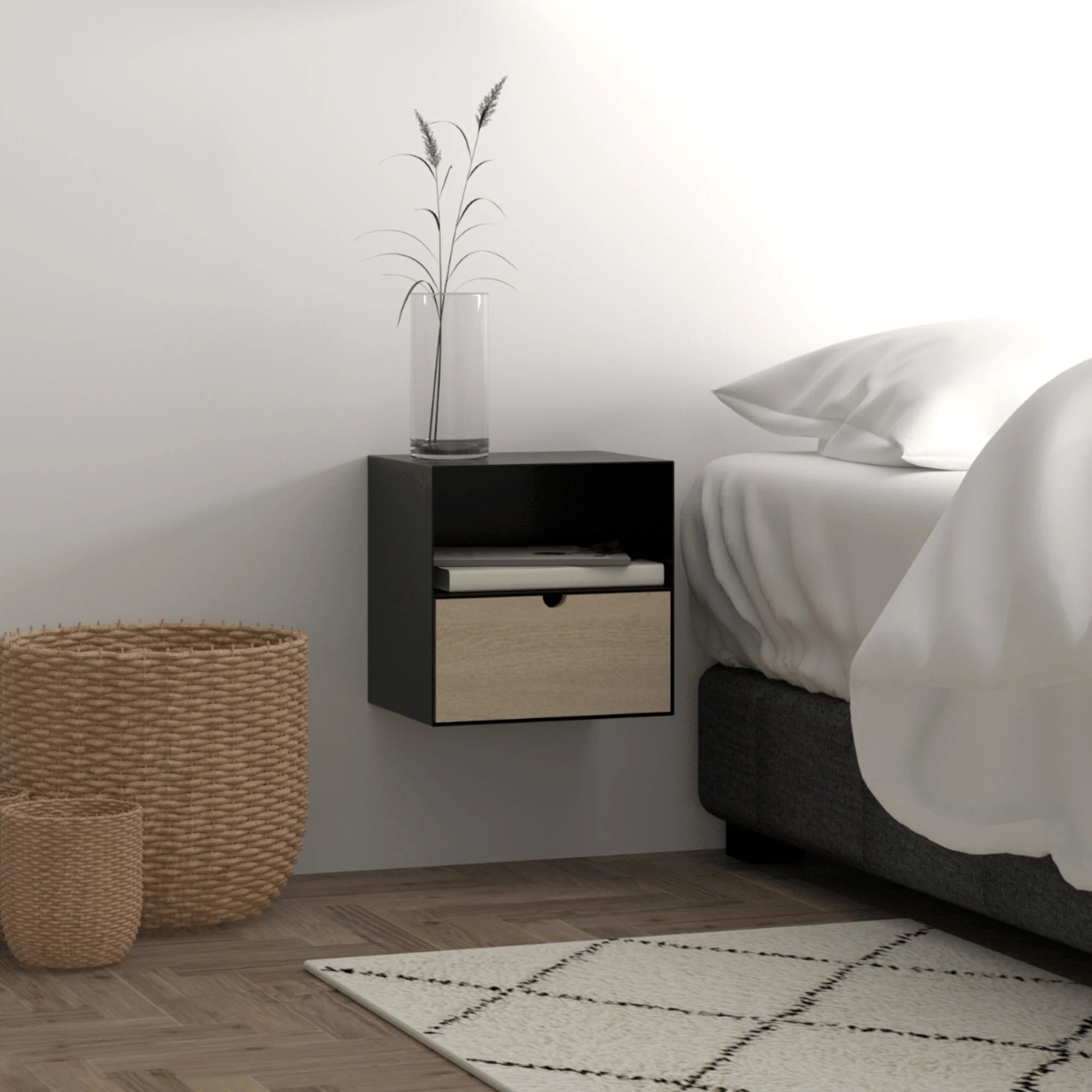 Hjem Design Jackson Bedside Table, Black & Natural Wood