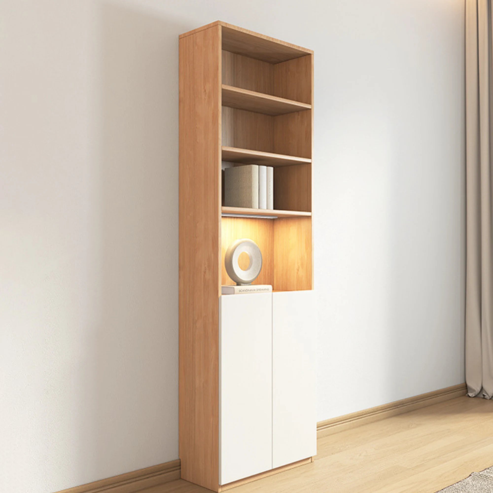 Loft Kiri Bookcase with 2 Doors, 60cm, Natural Wood & White