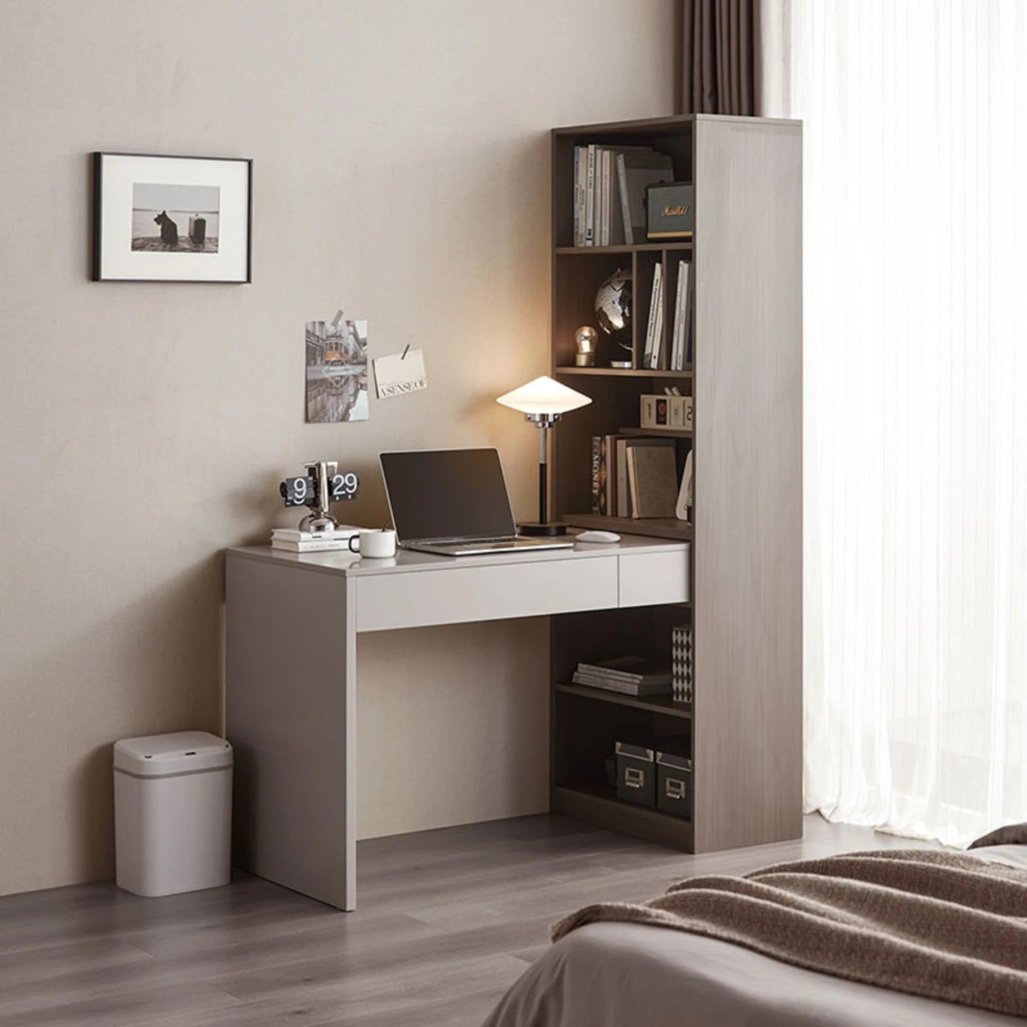 Linspire Rena Desk with Bookcase, Natural Wood & Light Grey