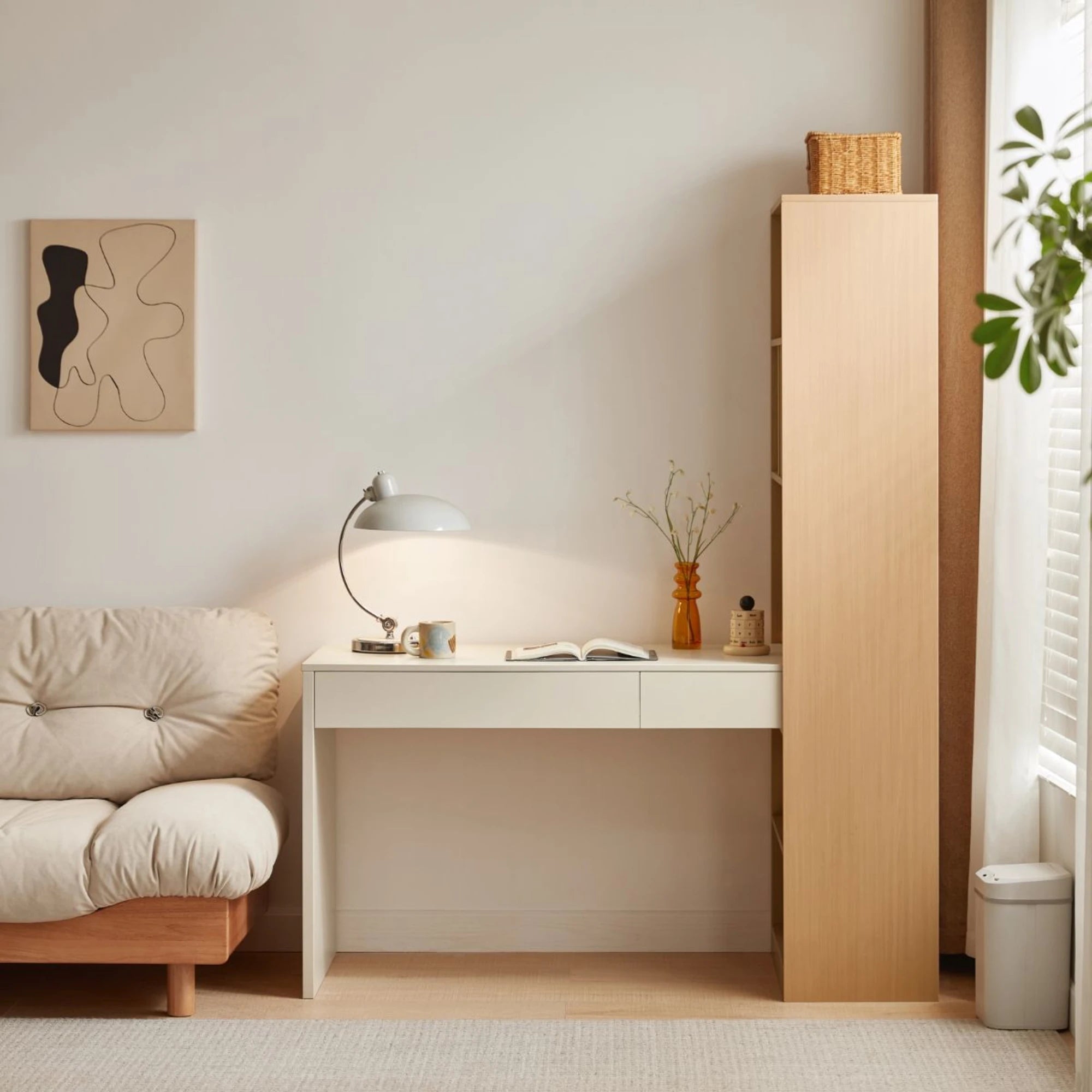 Linspire Rena Desk with Bookcase, Natural Wood & Off-White
