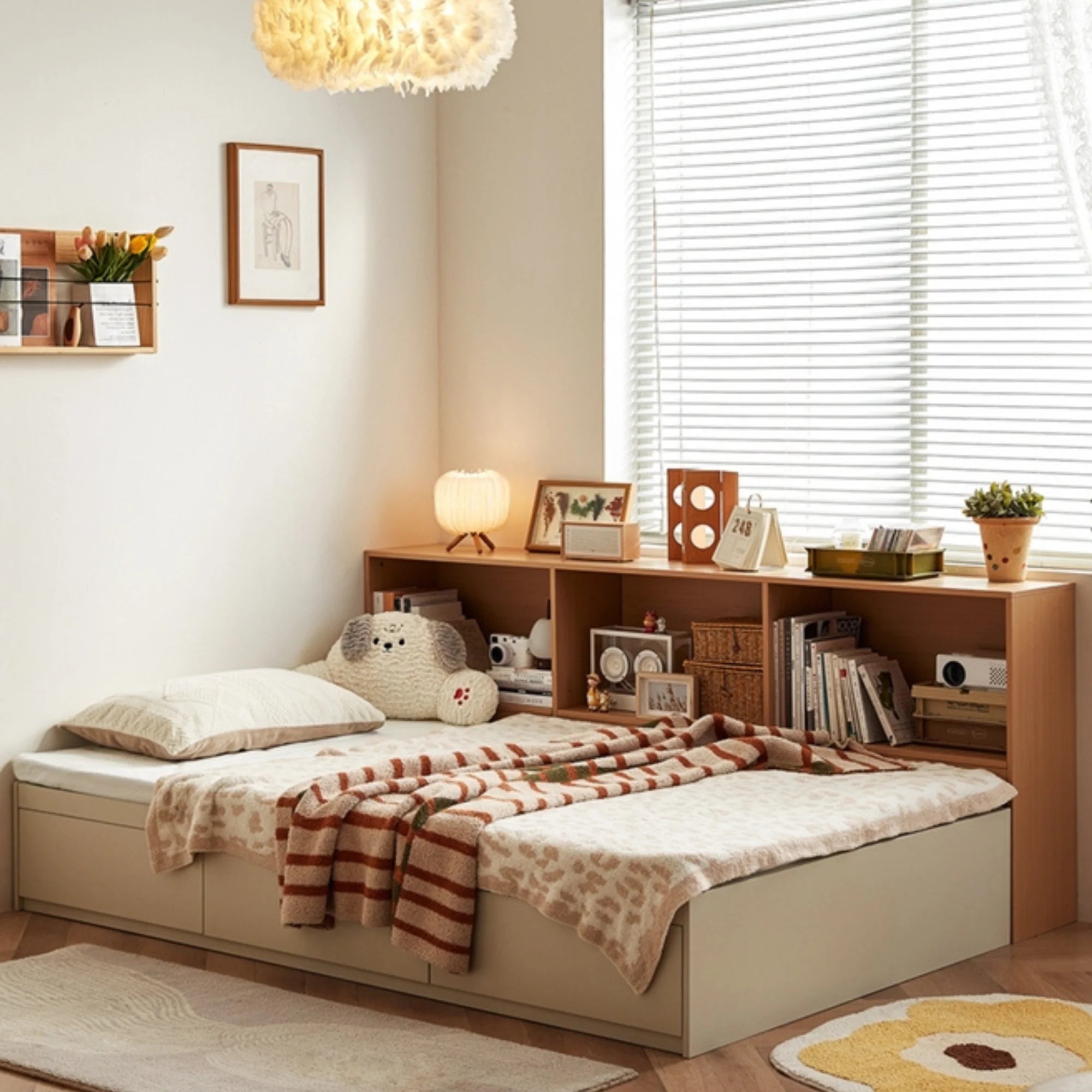 Linspire Lattice Bed Base With Drawers And Storage Cabinet, Light Grey, Natural Wood