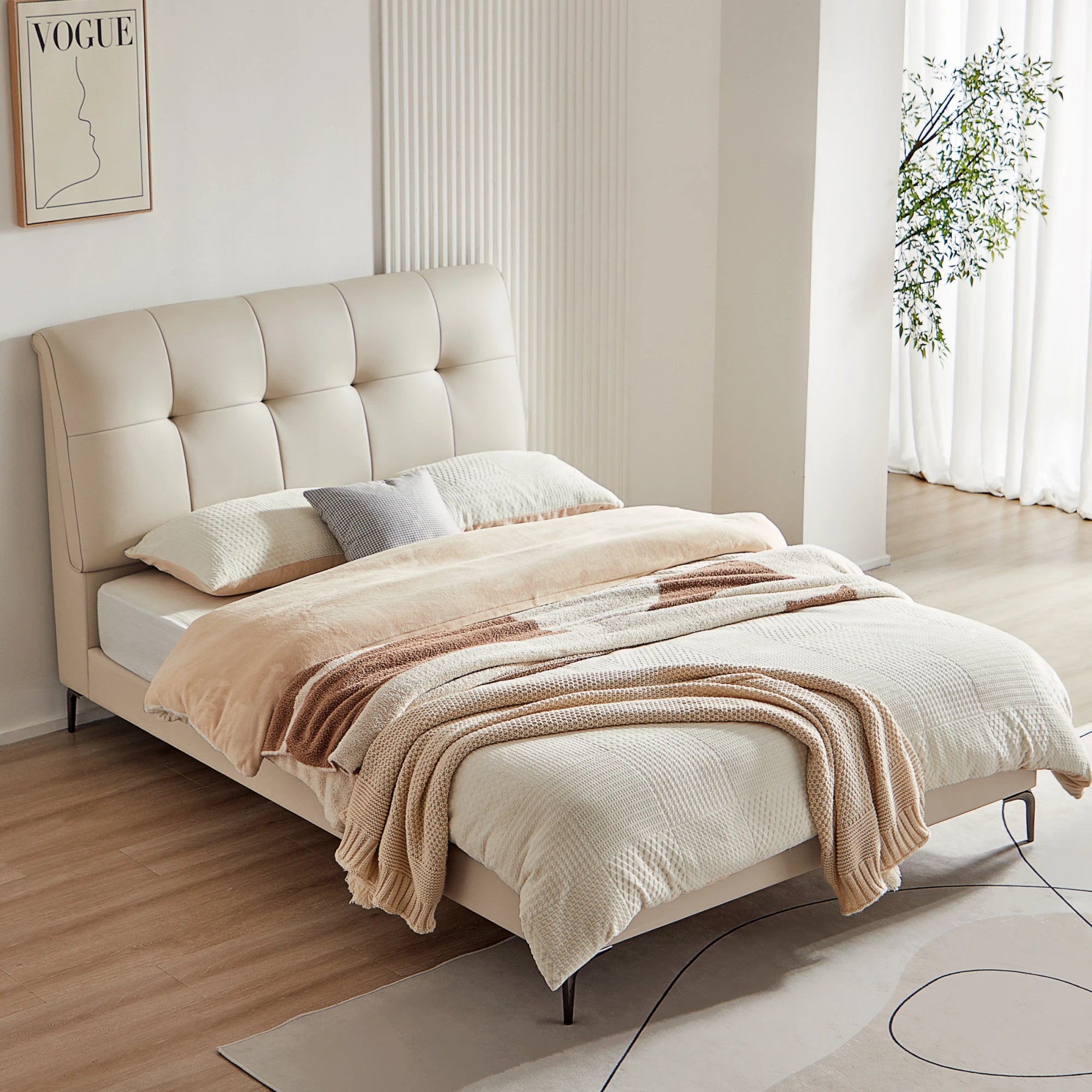 Linspire Radius Bed Frame With Leather Cushion Headboard, White