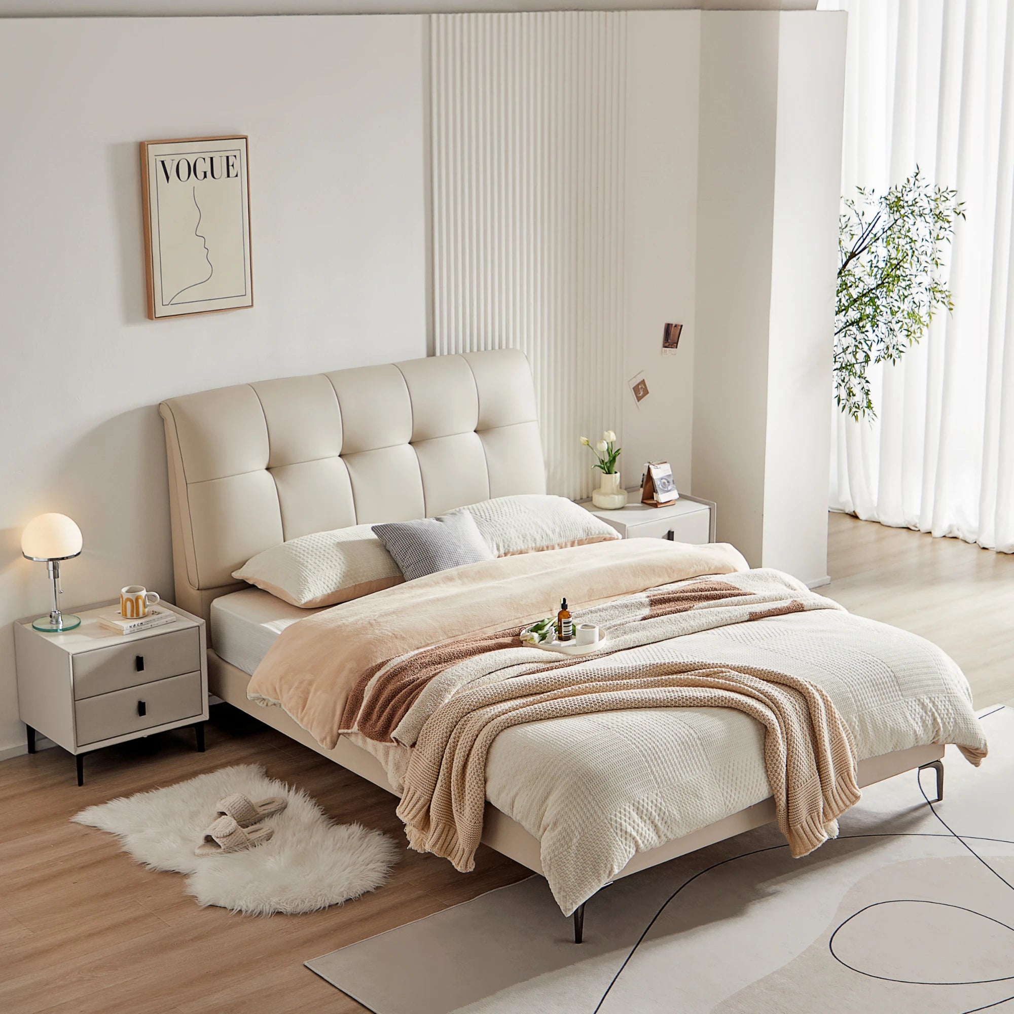 Linspire Radius Bed Frame With Leather Cushion Headboard, White