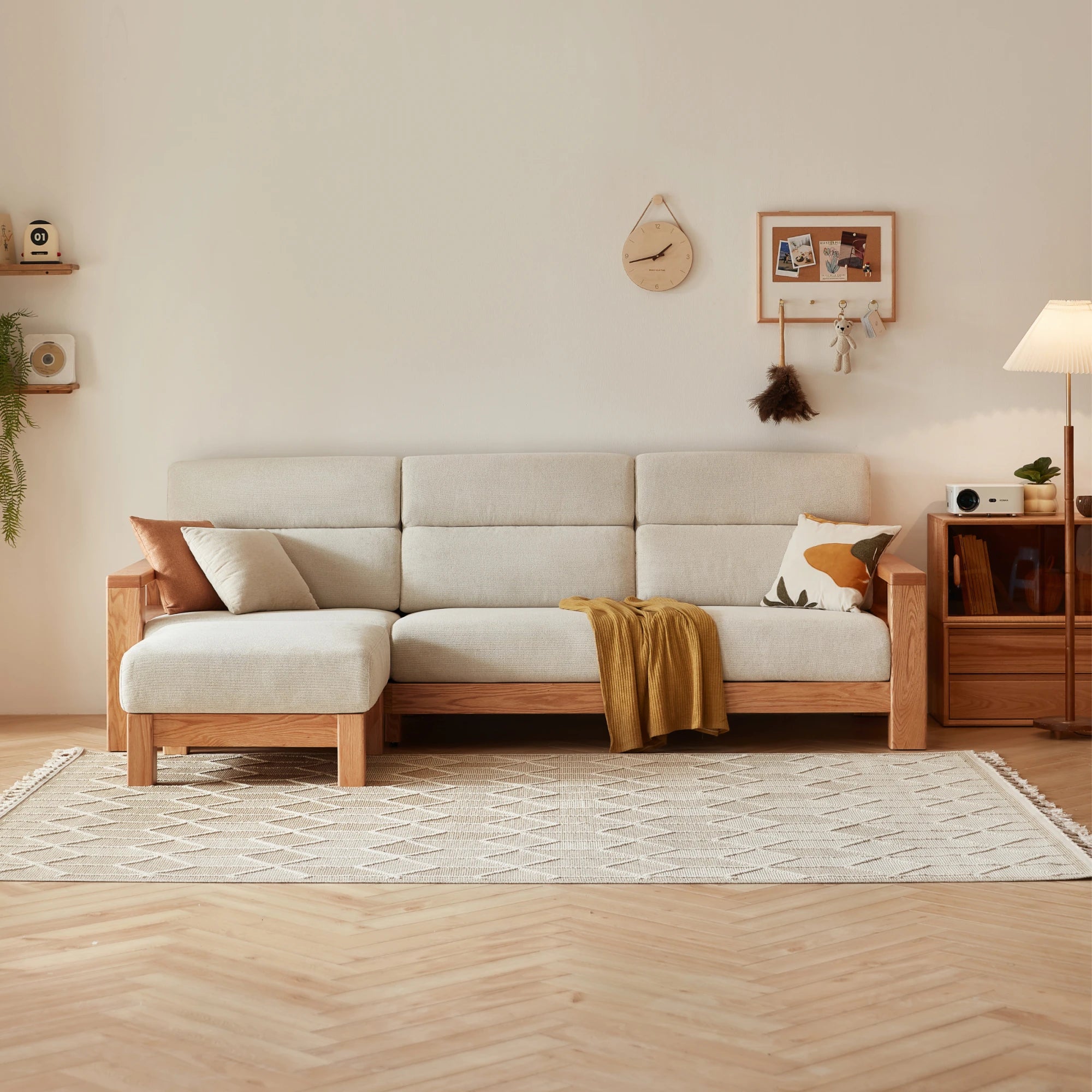 Linspire Mellow Solid Wood 3.5-Seater Sofa with Ottoman, White
