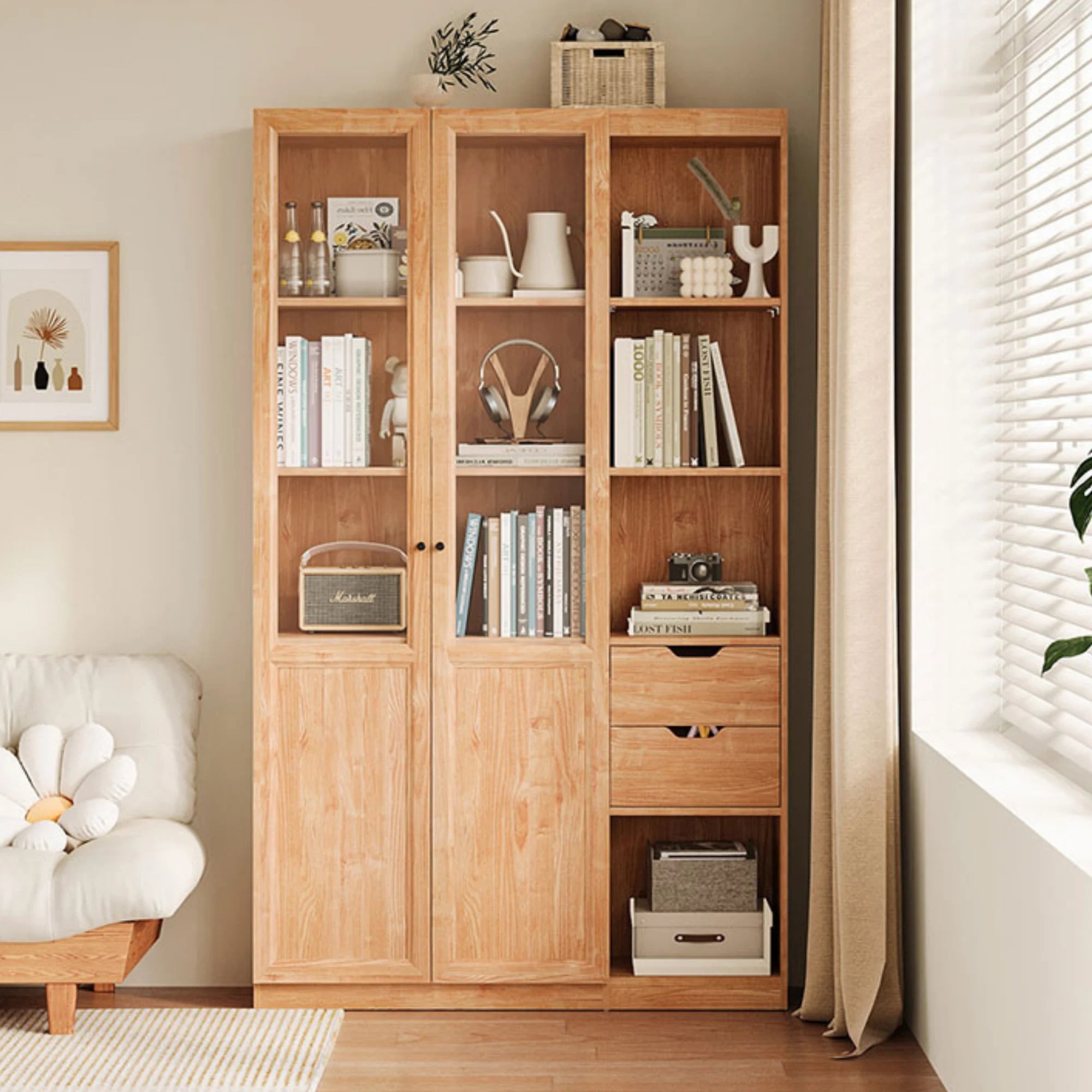 Linspire Prism 2 Plastic/Panel Door Bookcase with 2 Drawers, Natural Wood