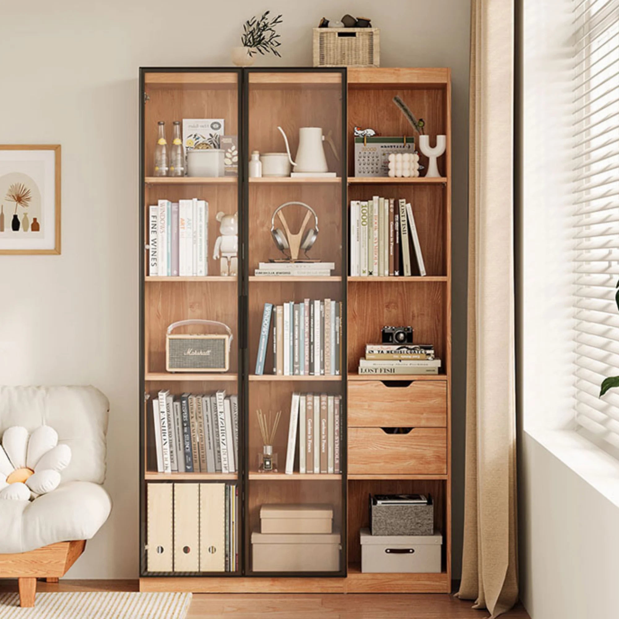Linspire Prism 2 Plastic Door Bookcase with 2 Drawers, Natural Wood