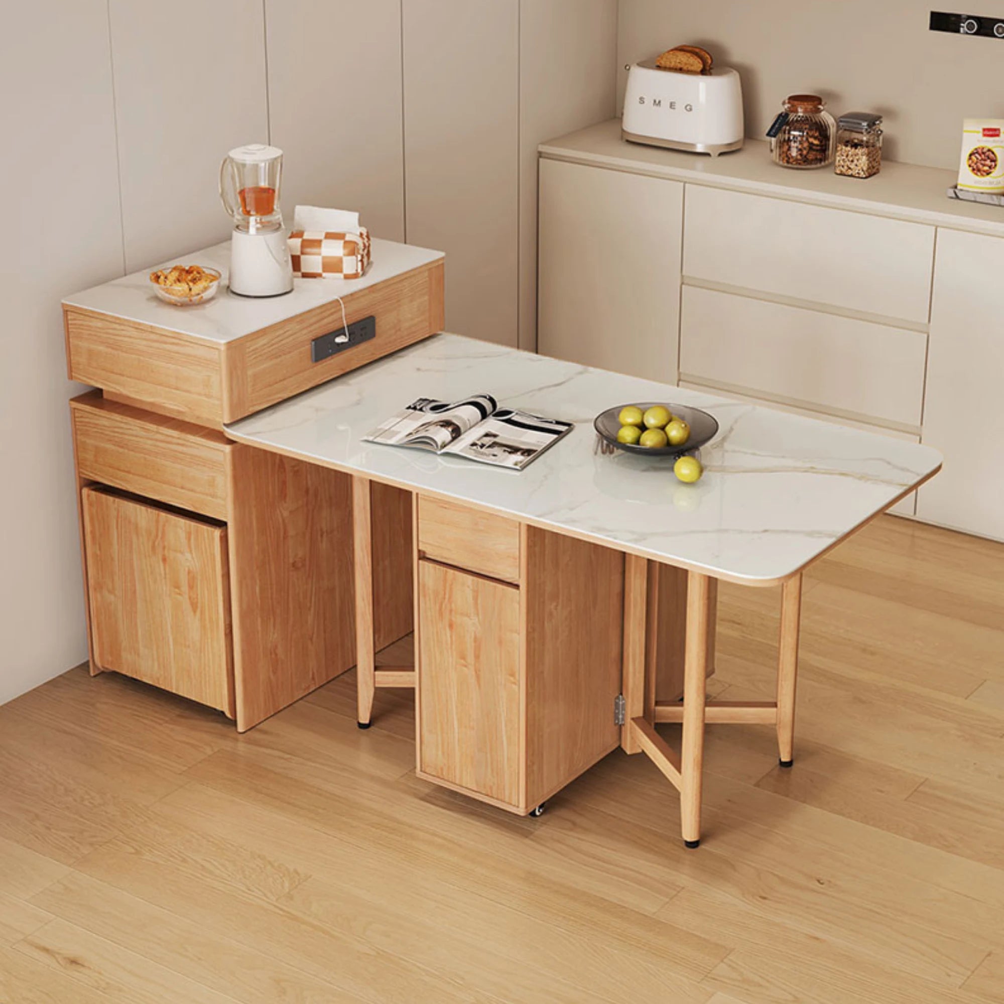 Linspire Yumi Sintered Stone Table Top Foldable Dining Table & Kitchen islands Set, Natural Wood