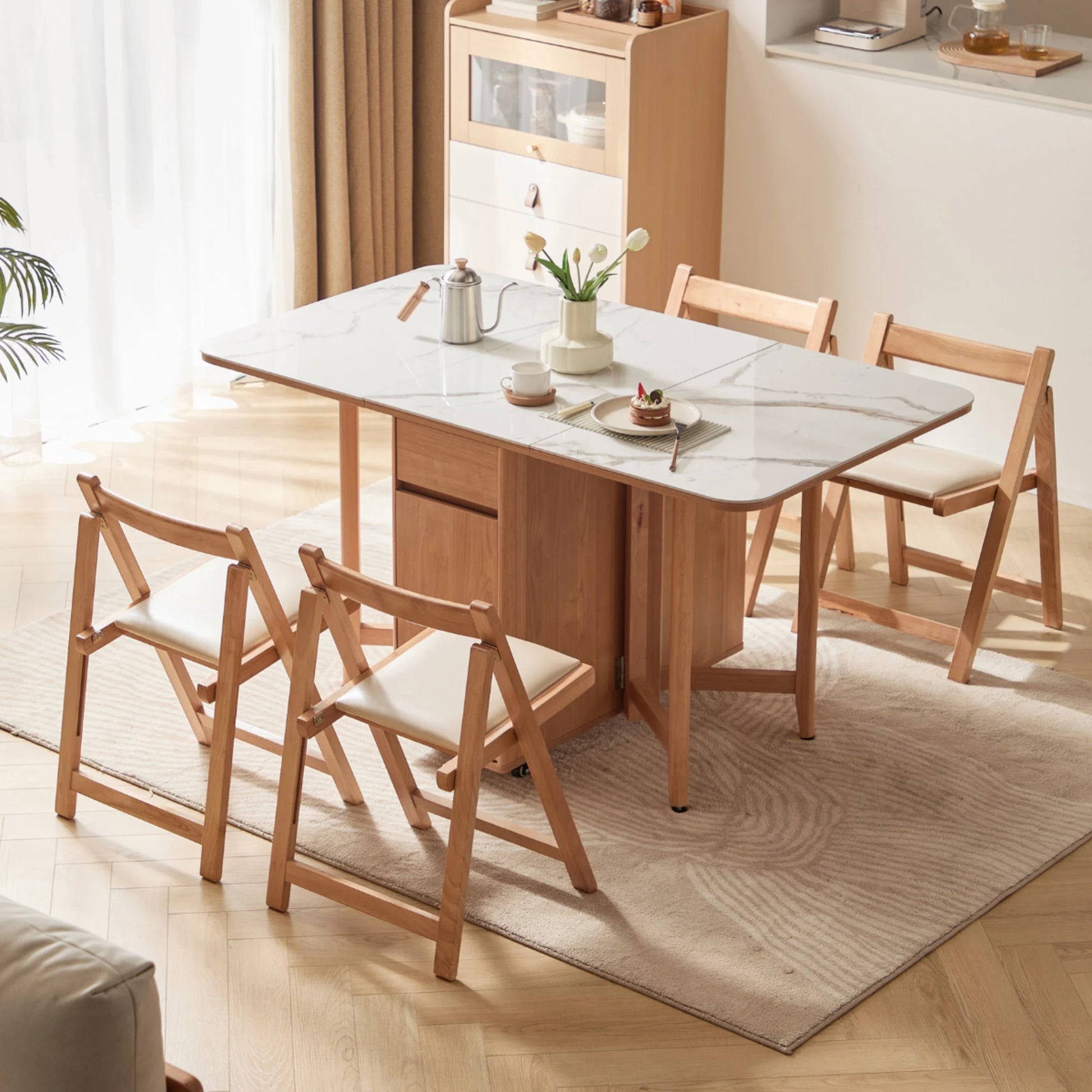 Linspire Yumi Sintered Stone Table Top Foldable Dining Table & 4 Dining Chairs Set, Natural Wood