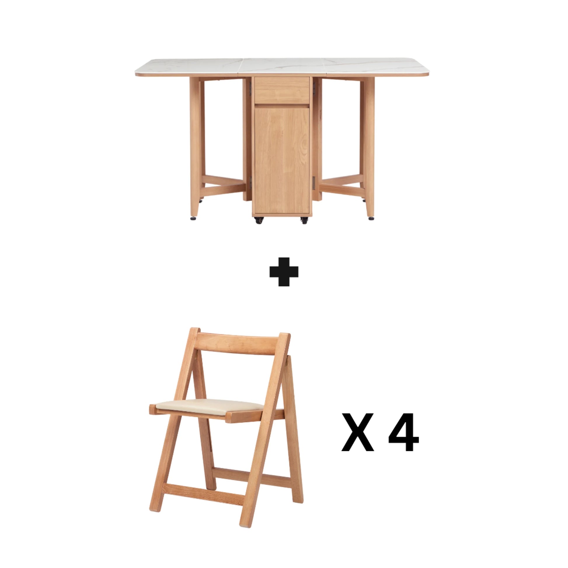 Linspire Yumi Sintered Stone Table Top Foldable Dining Table & 4 Dining Chairs Set, Natural Wood