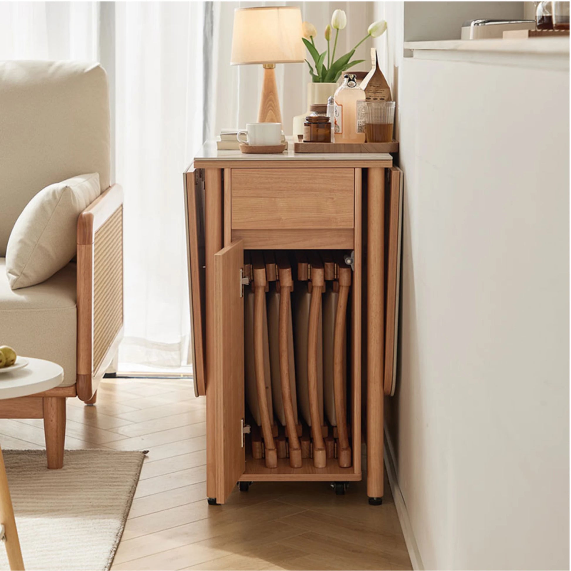 Linspire Yumi Sintered Stone Table Top Foldable Dining Table & 4 Dining Chairs Set, Natural Wood