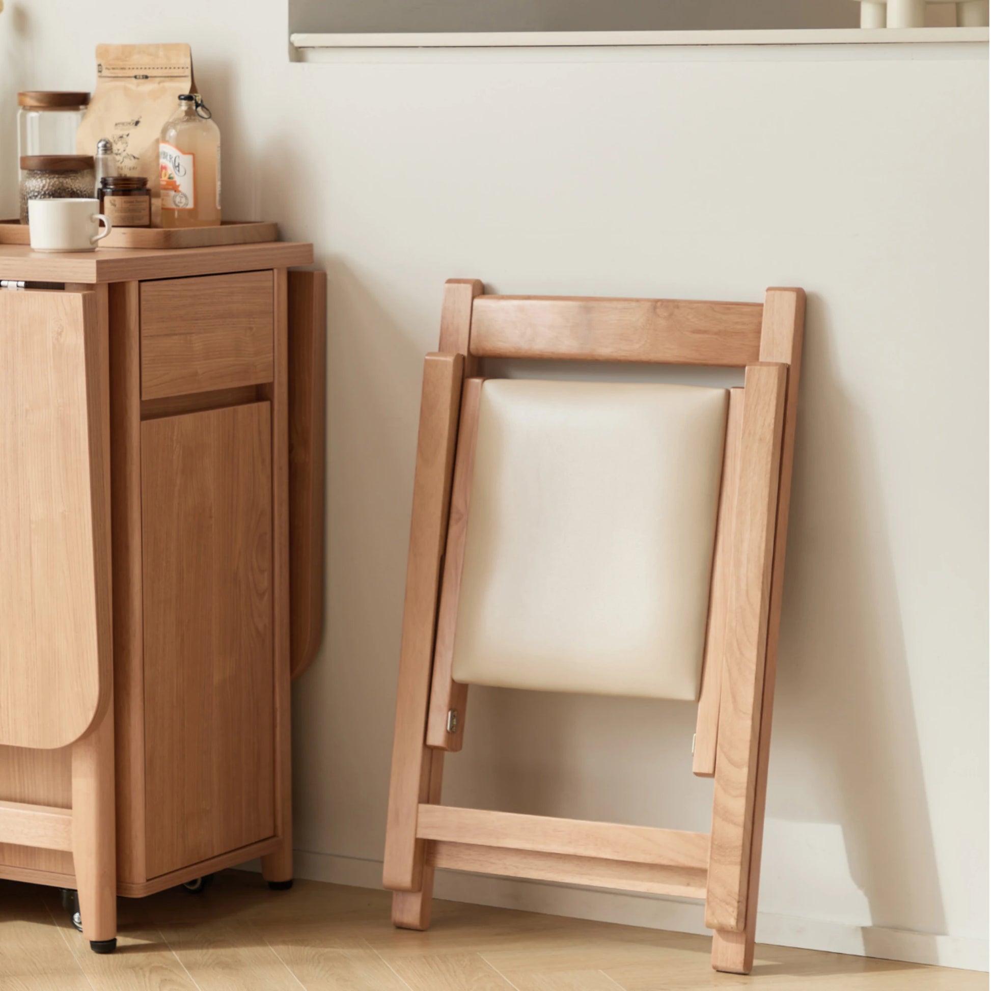 Linspire Yumi Sintered Stone Table Top Foldable Dining Table & 4 Dining Chairs Set, Natural Wood