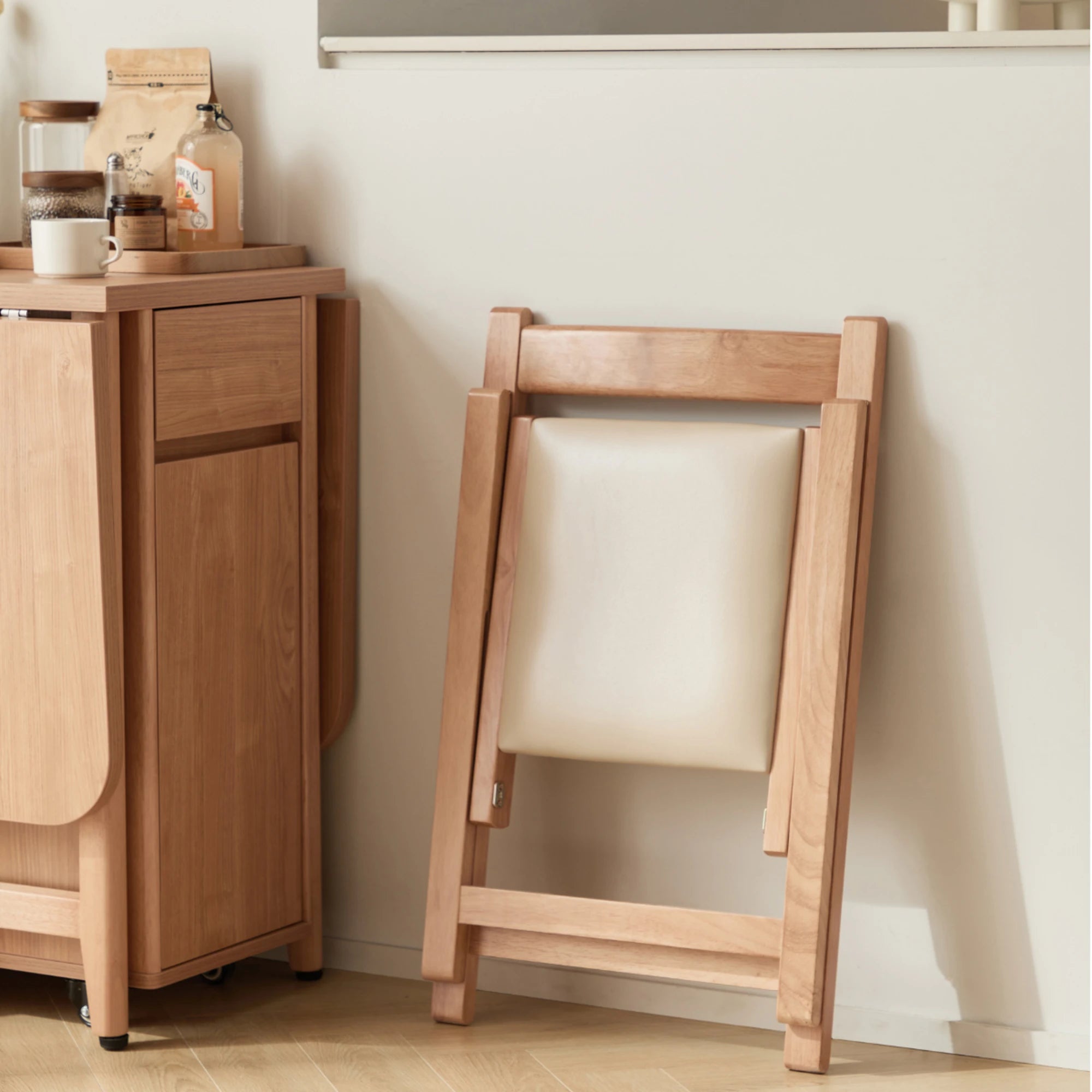 Linspire Yumi Sintered Stone Table Top Foldable Dining Table & 4 Dining Chairs Set, Natural Wood