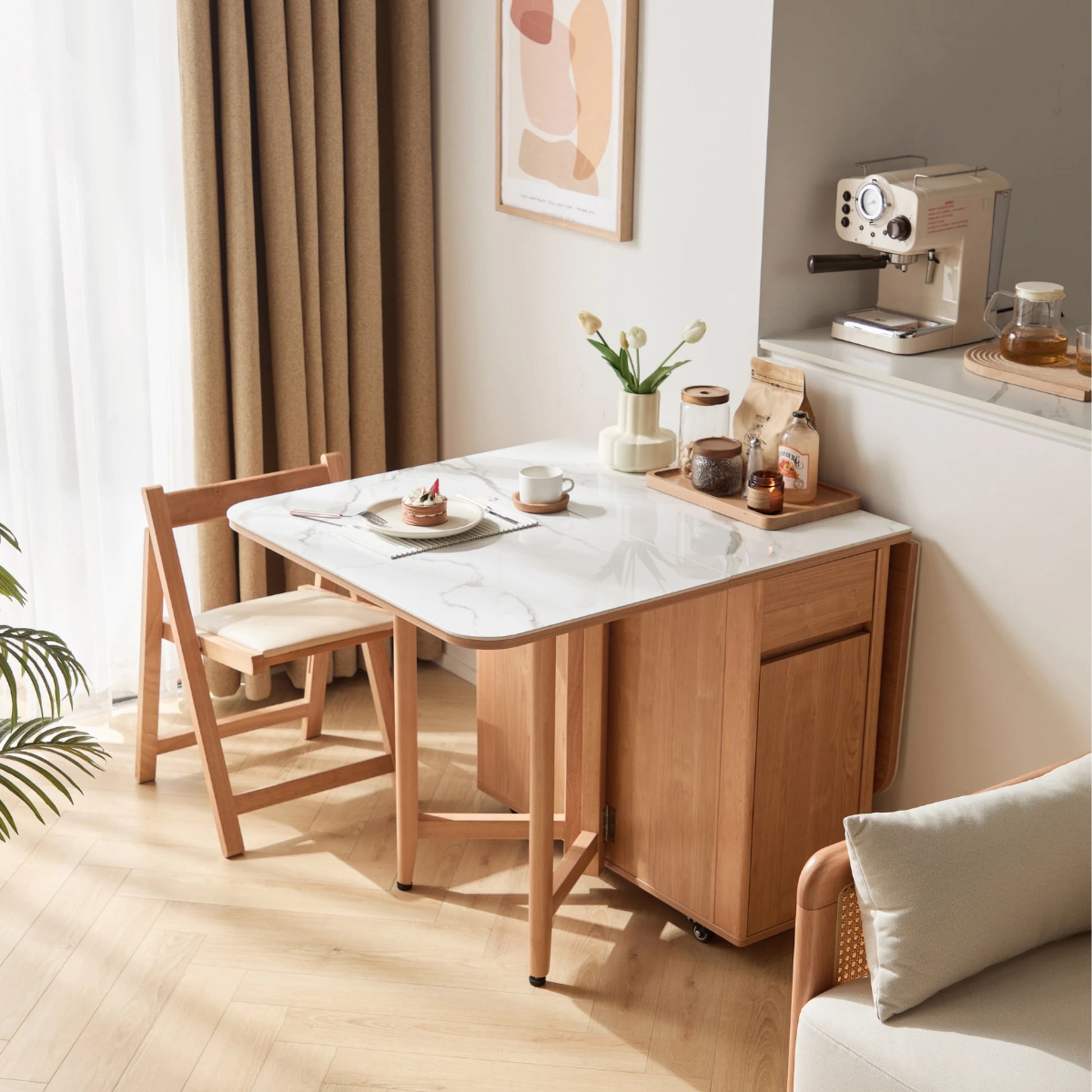 Linspire Yumi Sintered Stone Table Top Foldable Dining Table & 4 Dining Chairs Set, Natural Wood