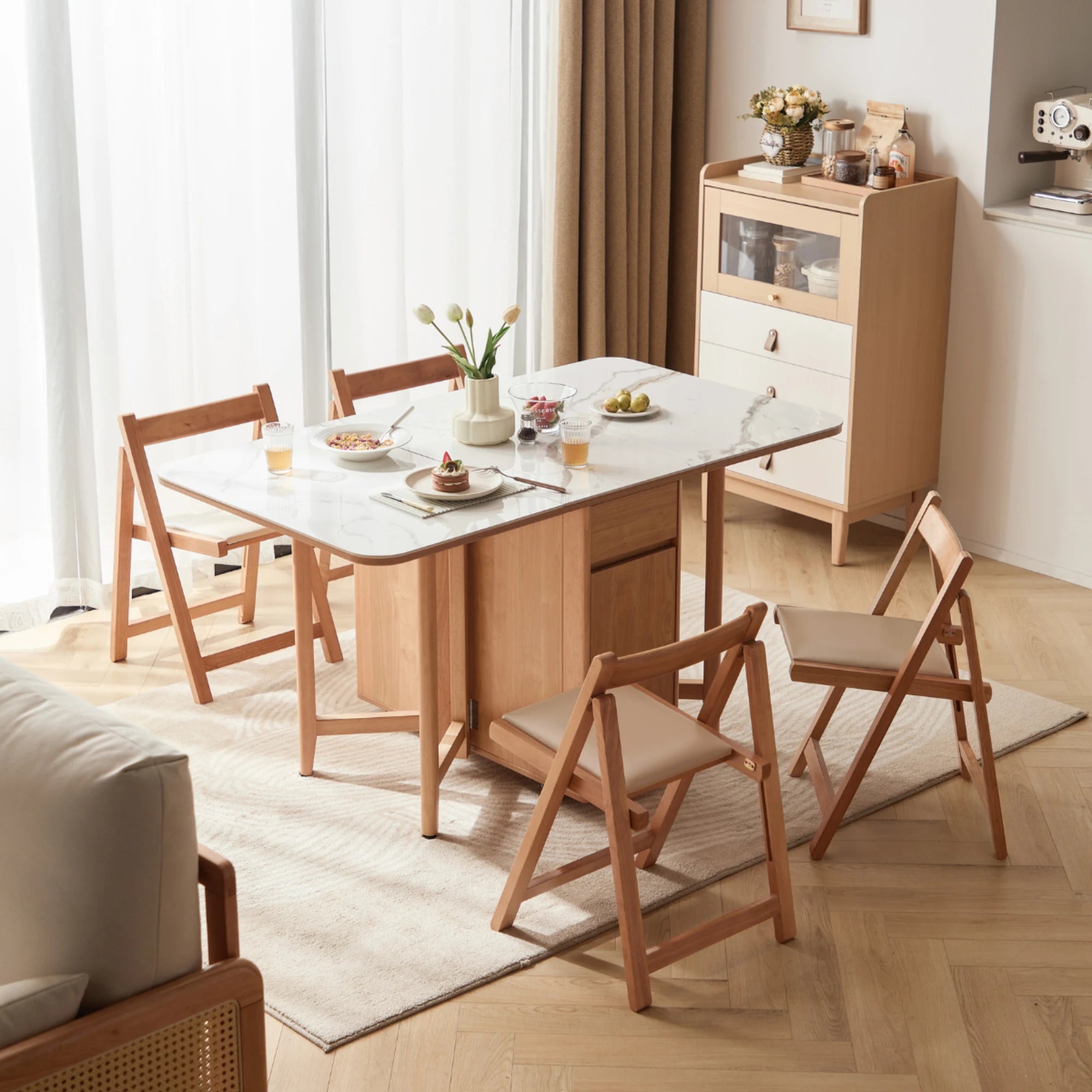 Linspire Yumi Sintered Stone Table Top Foldable Dining Table & 4 Dining Chairs Set, Natural Wood