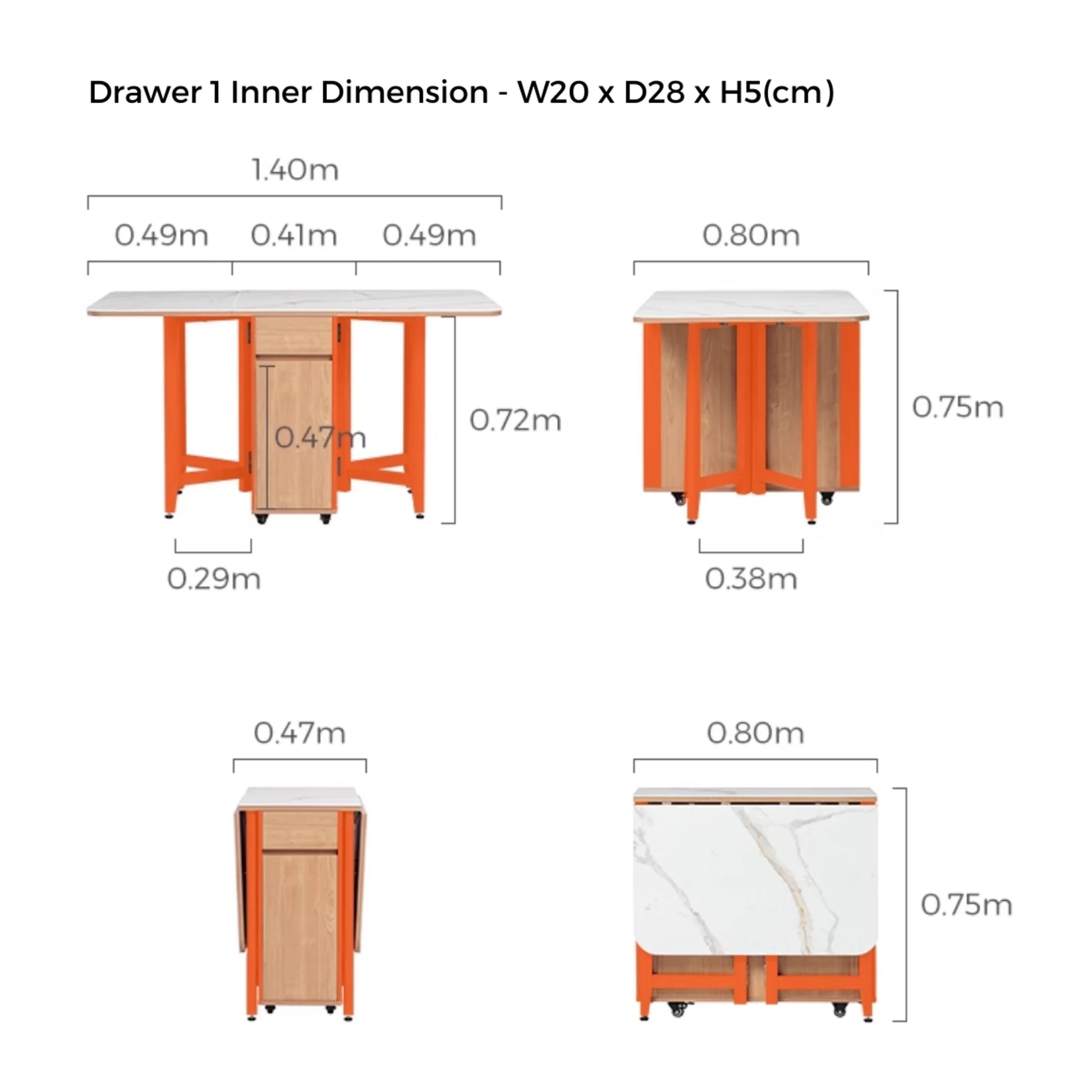 Linspire Yumi Sintered Stone Table Top Foldable Dining Table & 4 Dining Chairs Set, Natural Wood