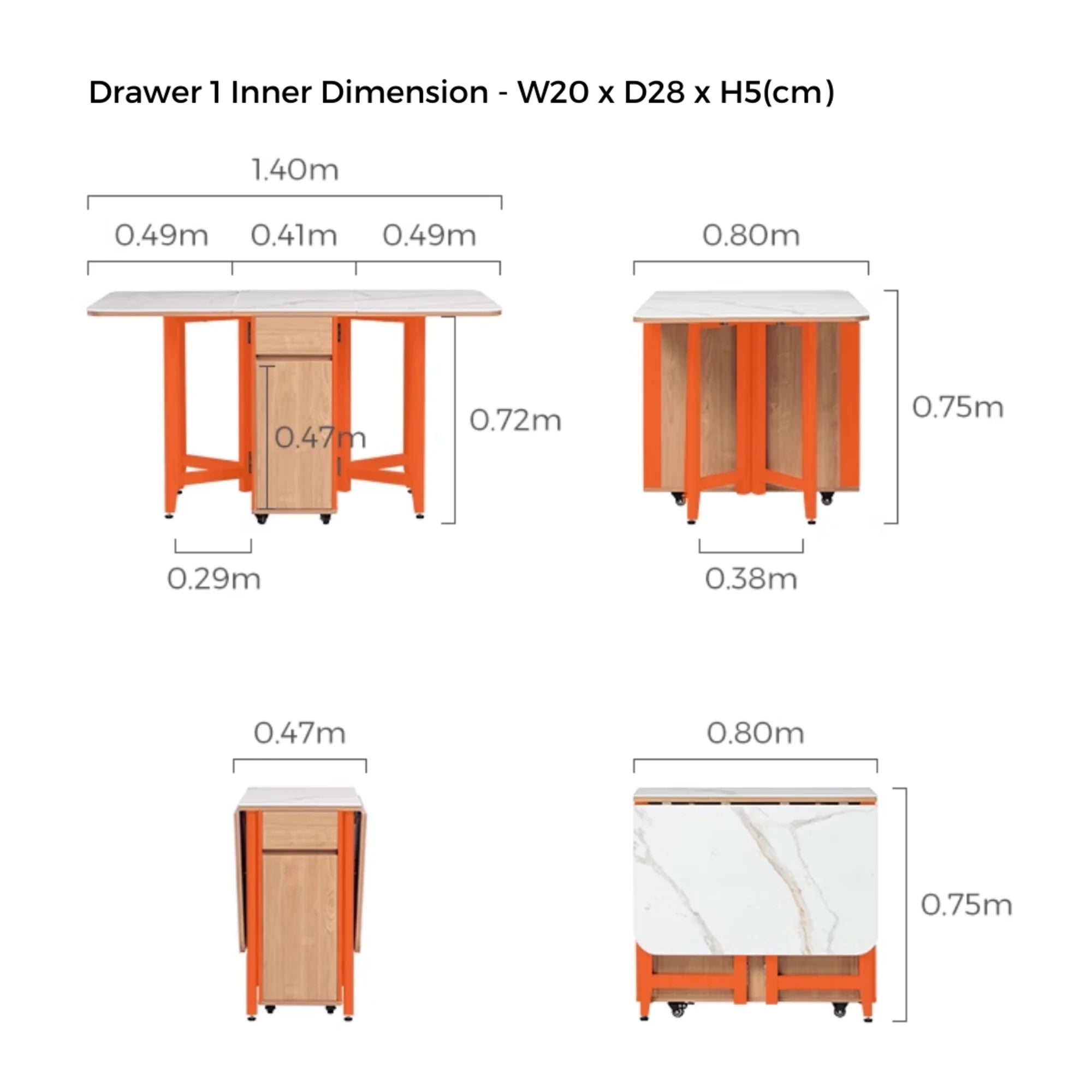 Linspire Yumi Sintered Stone Table Top Foldable Dining Table & 4 Dining Chairs Set, Natural Wood