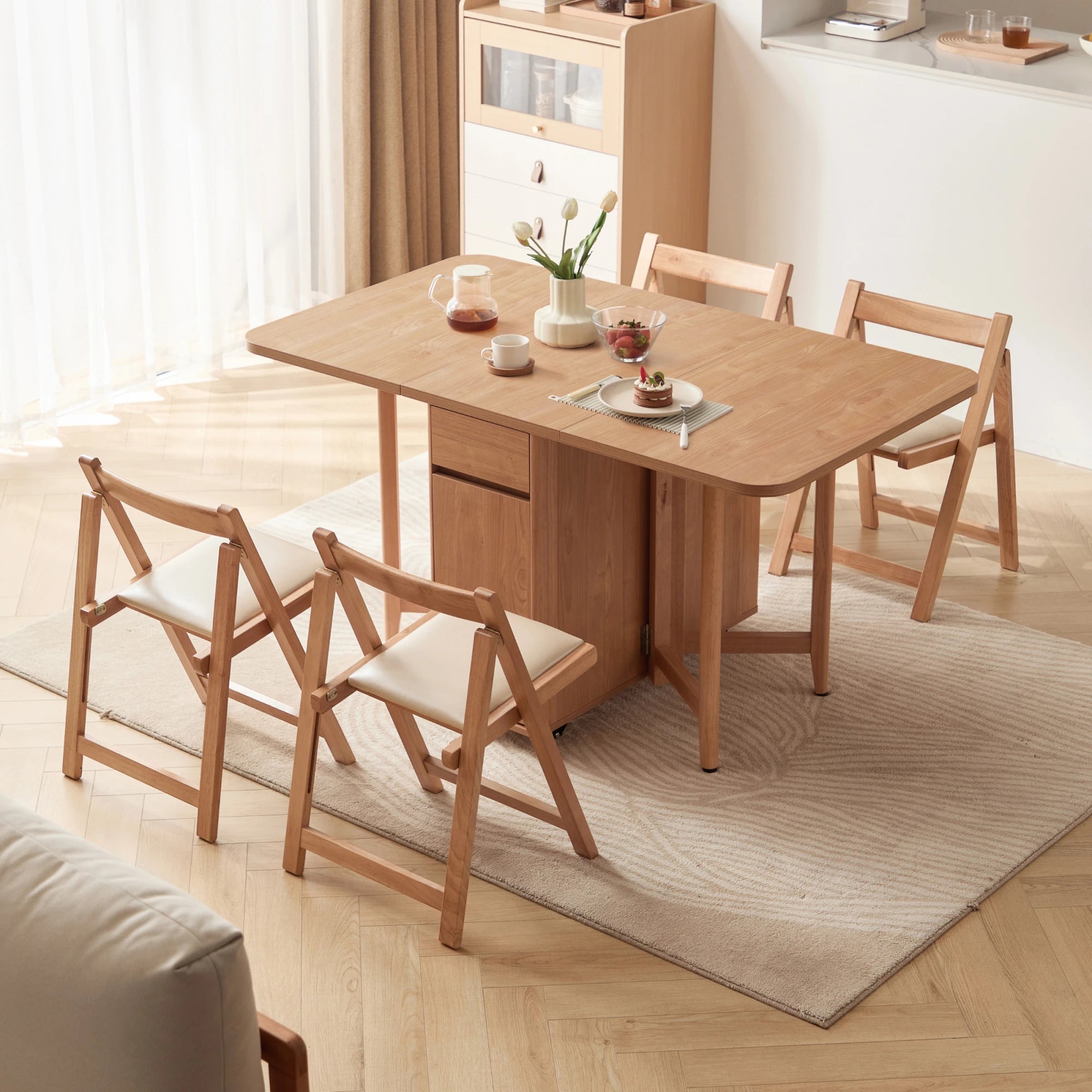 Linspire Yumi Foldable Dining Table & 4 Dining Chairs Set, Natural Wood