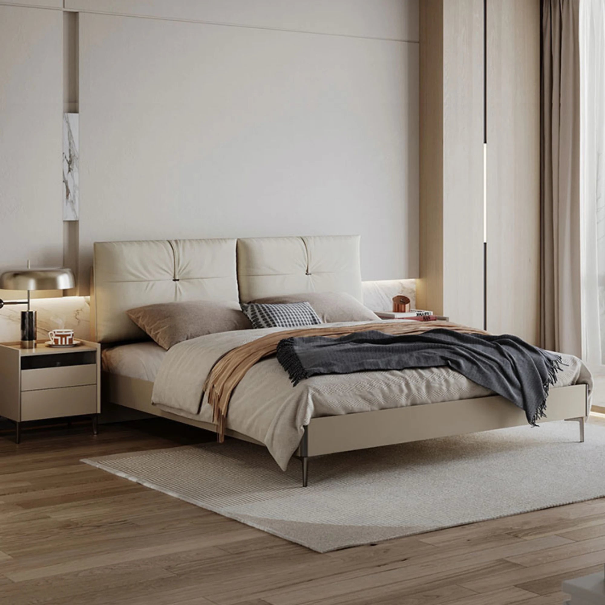 Linspire Vanko Leathaire Global Queen Bed Frame & Bedside Table Set