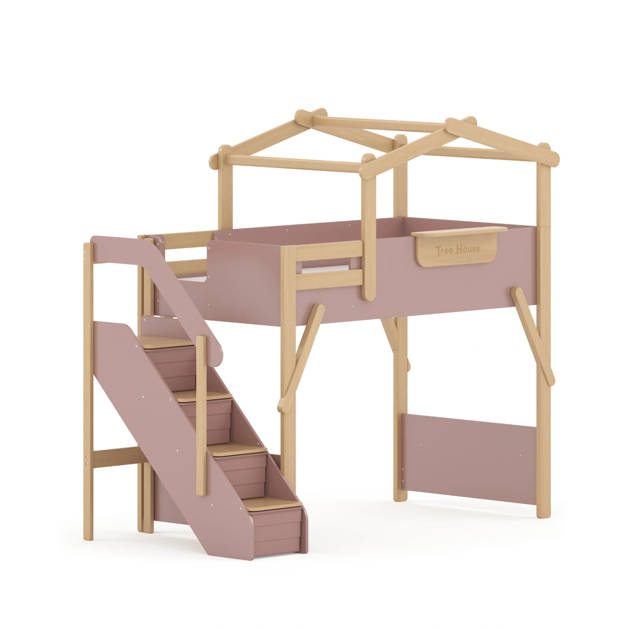 Boori Treehouse Kids NZ King Single Loft Bed + Roof Frame and Storage Staircase, Cherry