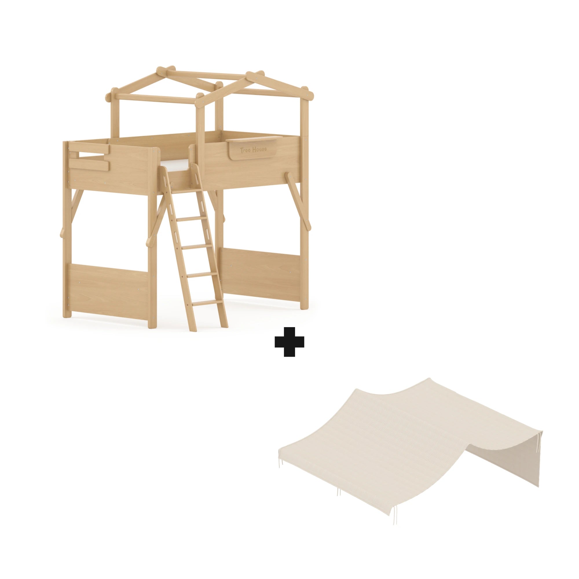 Boori Treehouse Kids NZ King Single Loft Bed + Roof Frame and Ladder with Tent Canopy, Beech