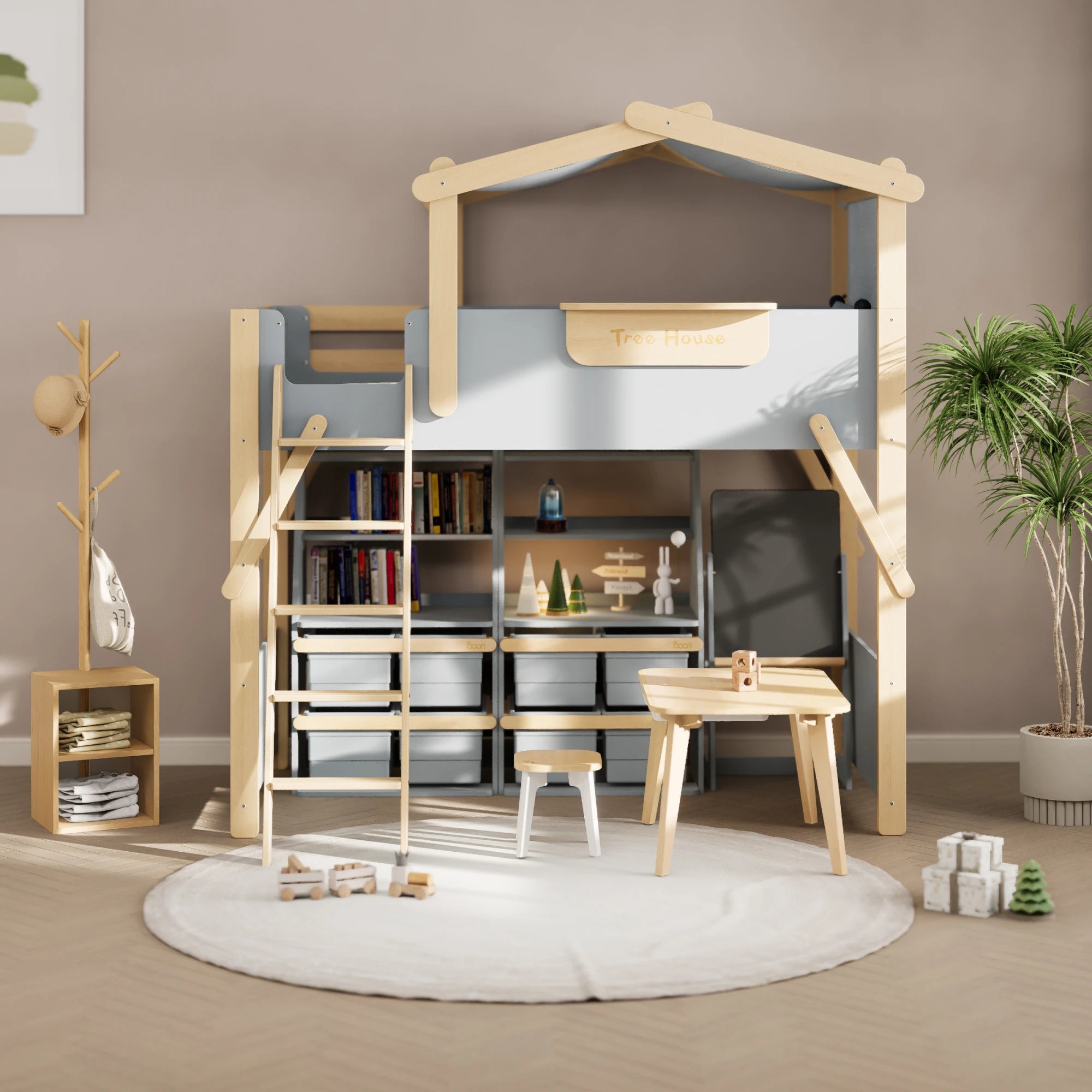 Boori Treehouse Kids NZ King Single Loft Bed + Roof Frame and Ladder with Tent Canopy, Blueberry