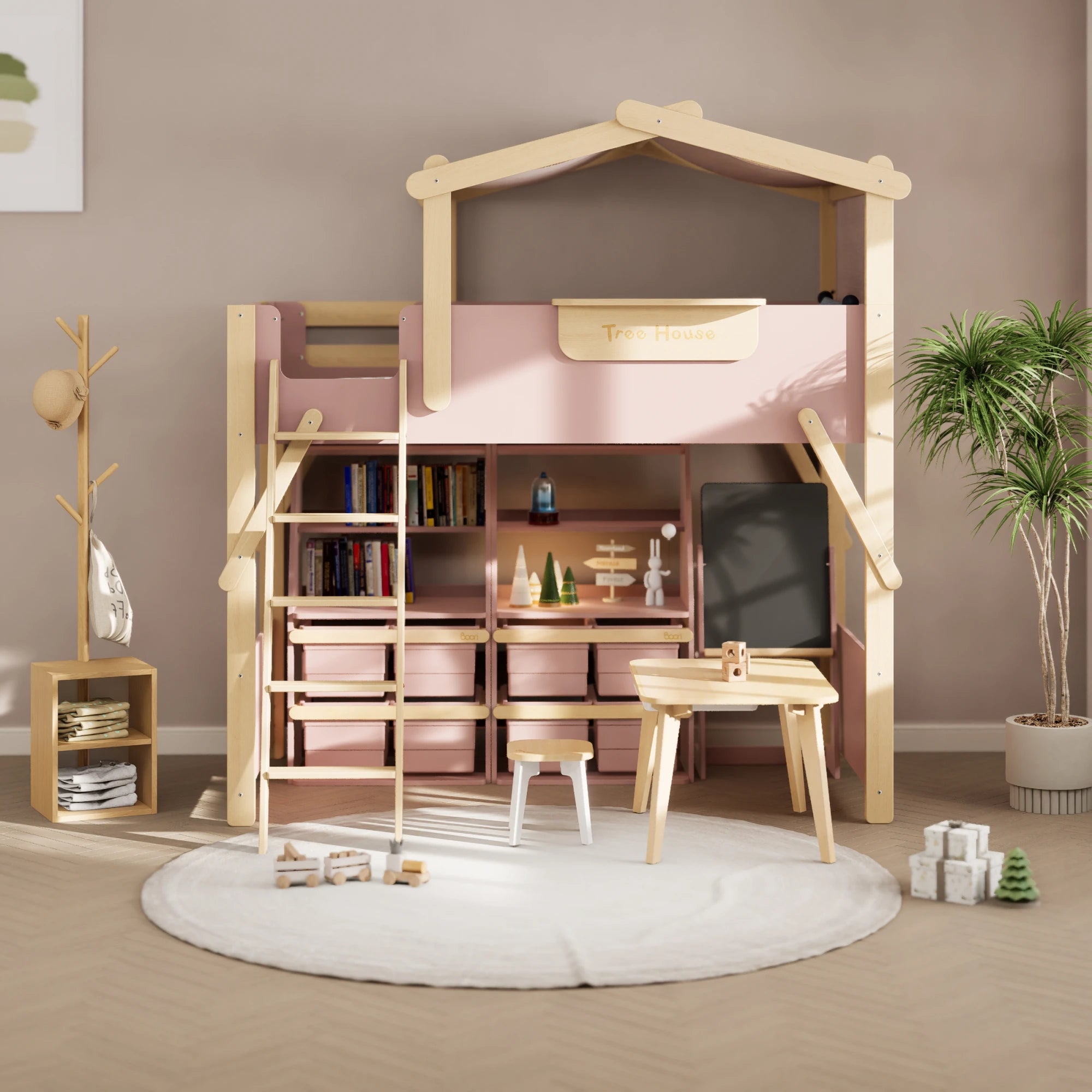 Boori Treehouse Kids NZ King Single Loft Bed + Roof Frame and Ladder with Tent Canopy, Cherry