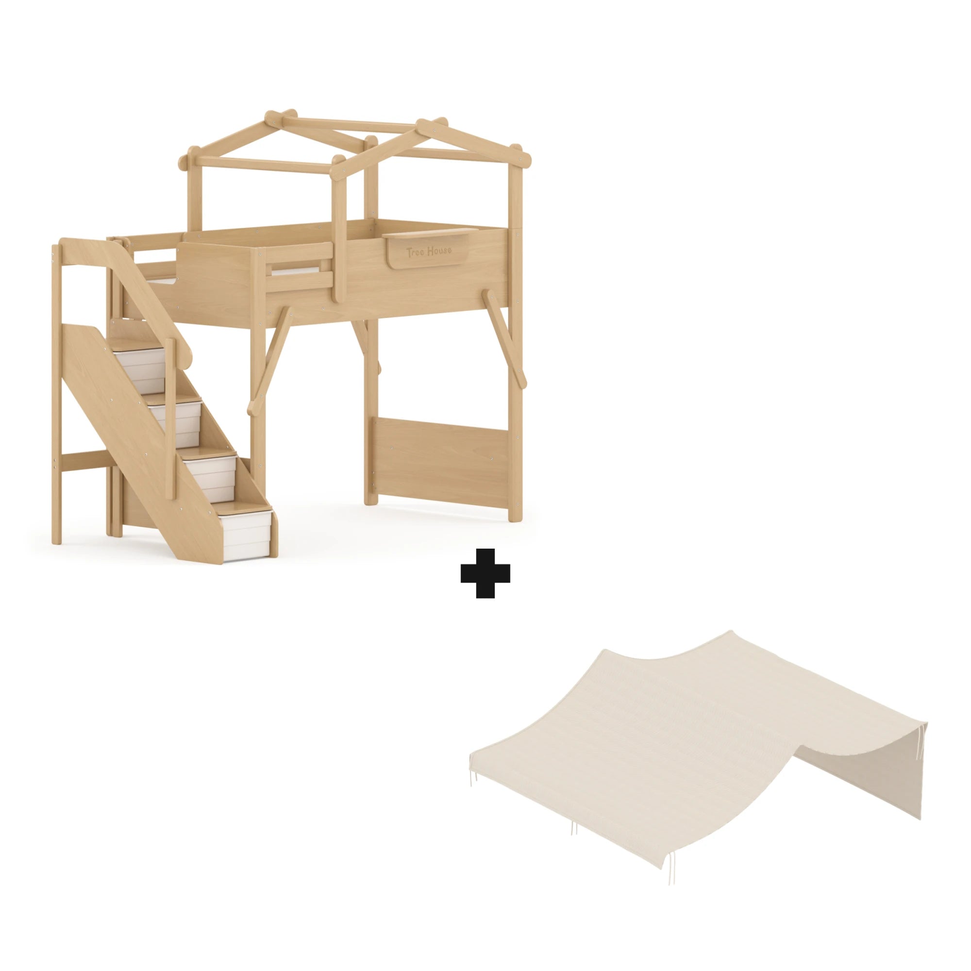 Boori Treehouse Kids NZ King Single Loft Bed + Roof Frame and Storage Staircase with Tent Canopy, Beech