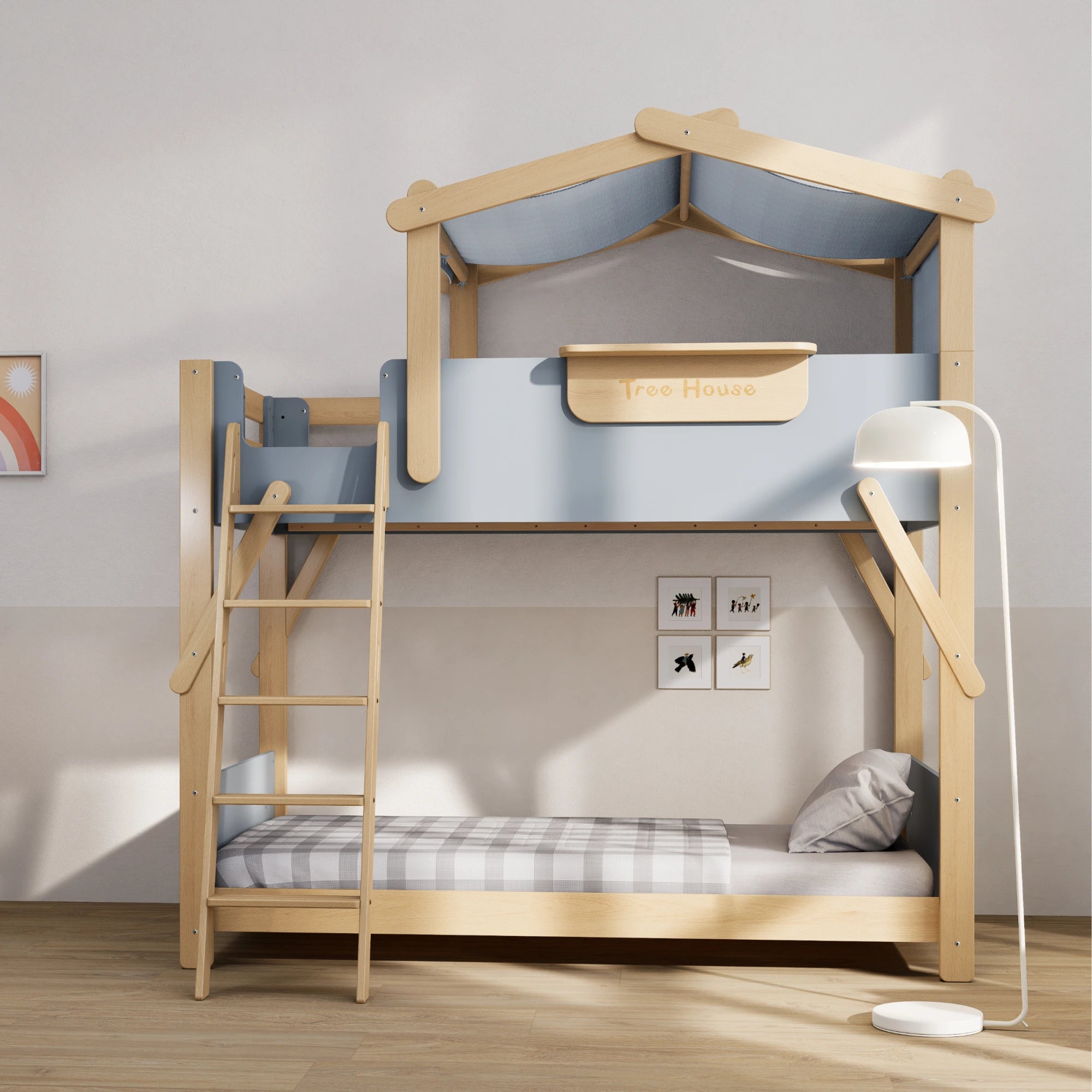 Boori Treehouse Kids NZ King Single Bunk Bed + Roof Frame and Ladder with Tent Canopy, Blueberry