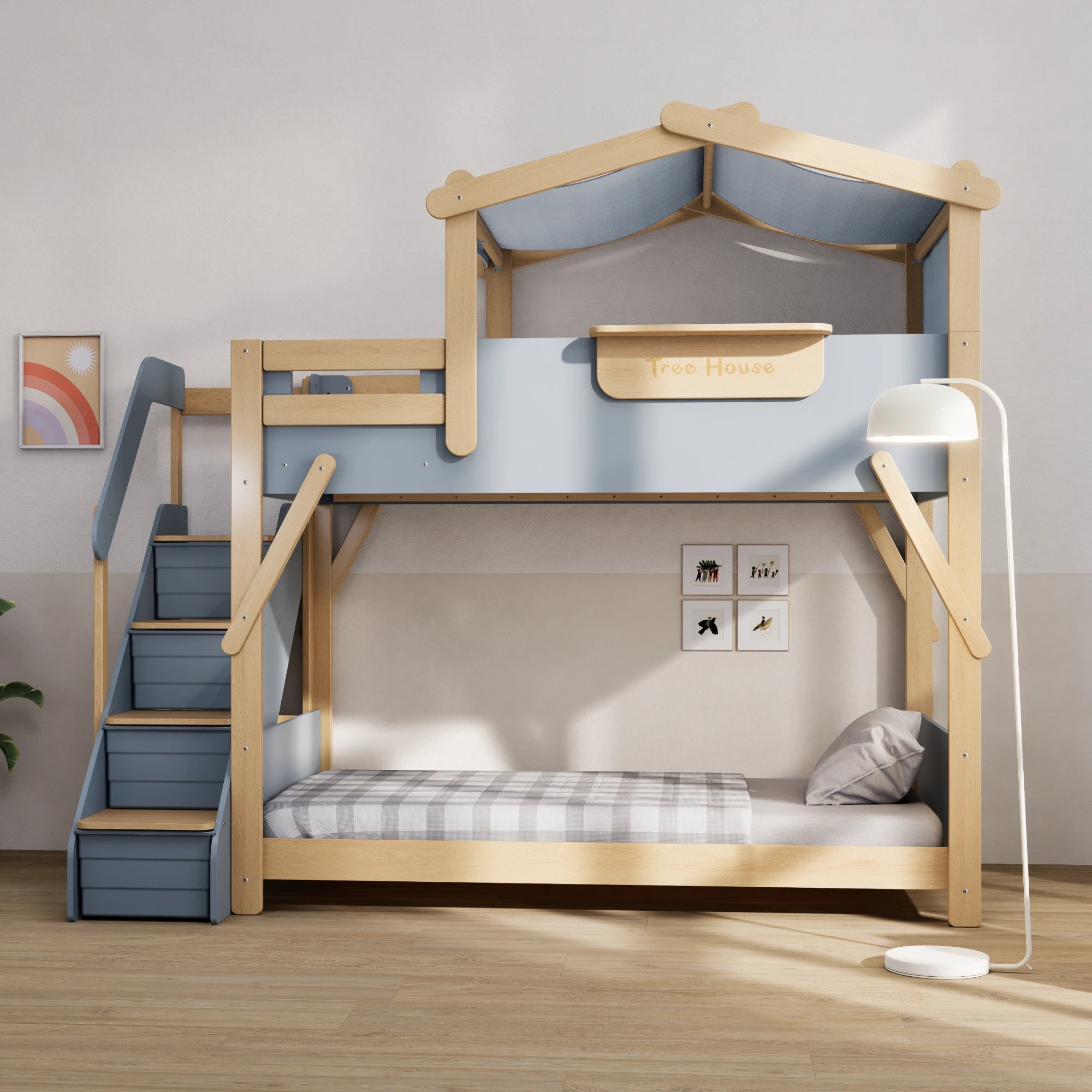Boori Treehouse Kids NZ King Single Bunk Bed + Roof Frame and Storage Staircase with Tent Canopy, Blueberry