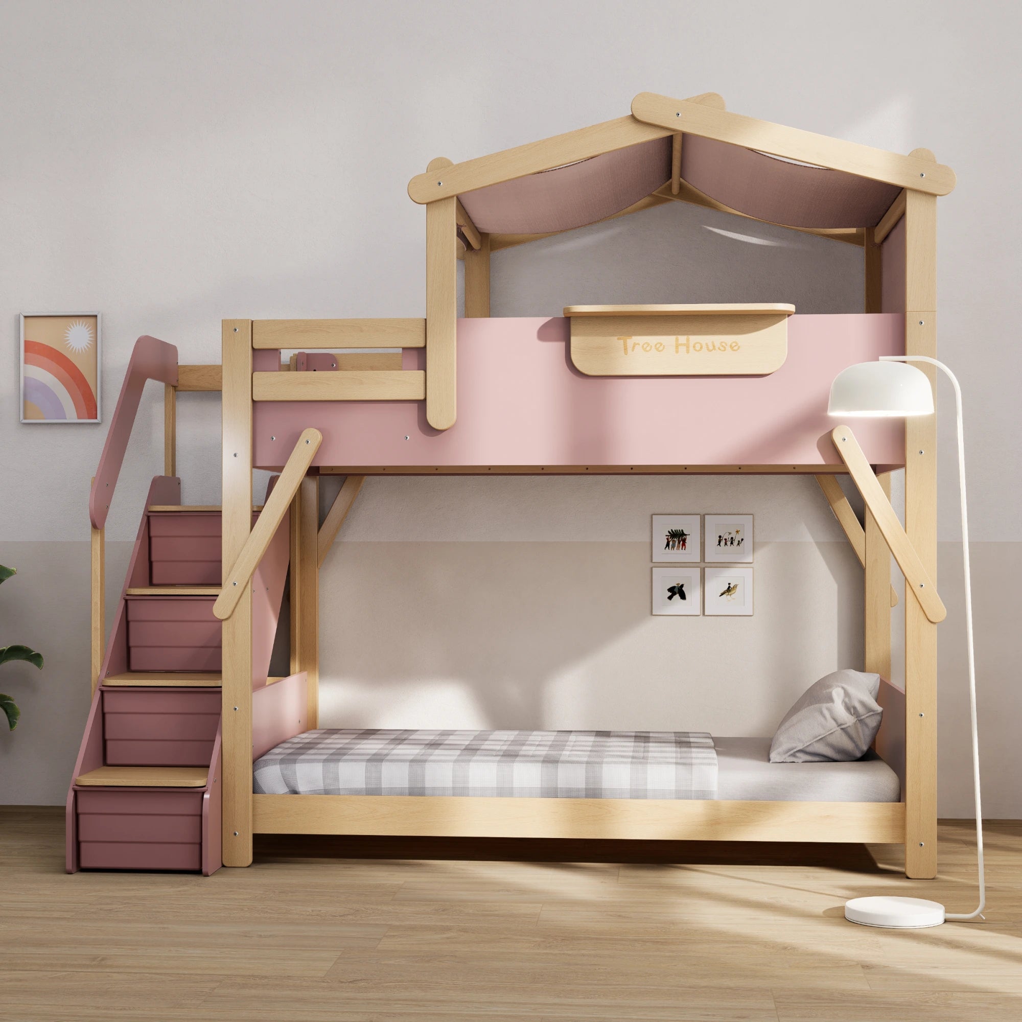 Boori Treehouse Kids NZ King Single Bunk Bed + Roof Frame and Storage Staircase with Tent Canopy, Cherry