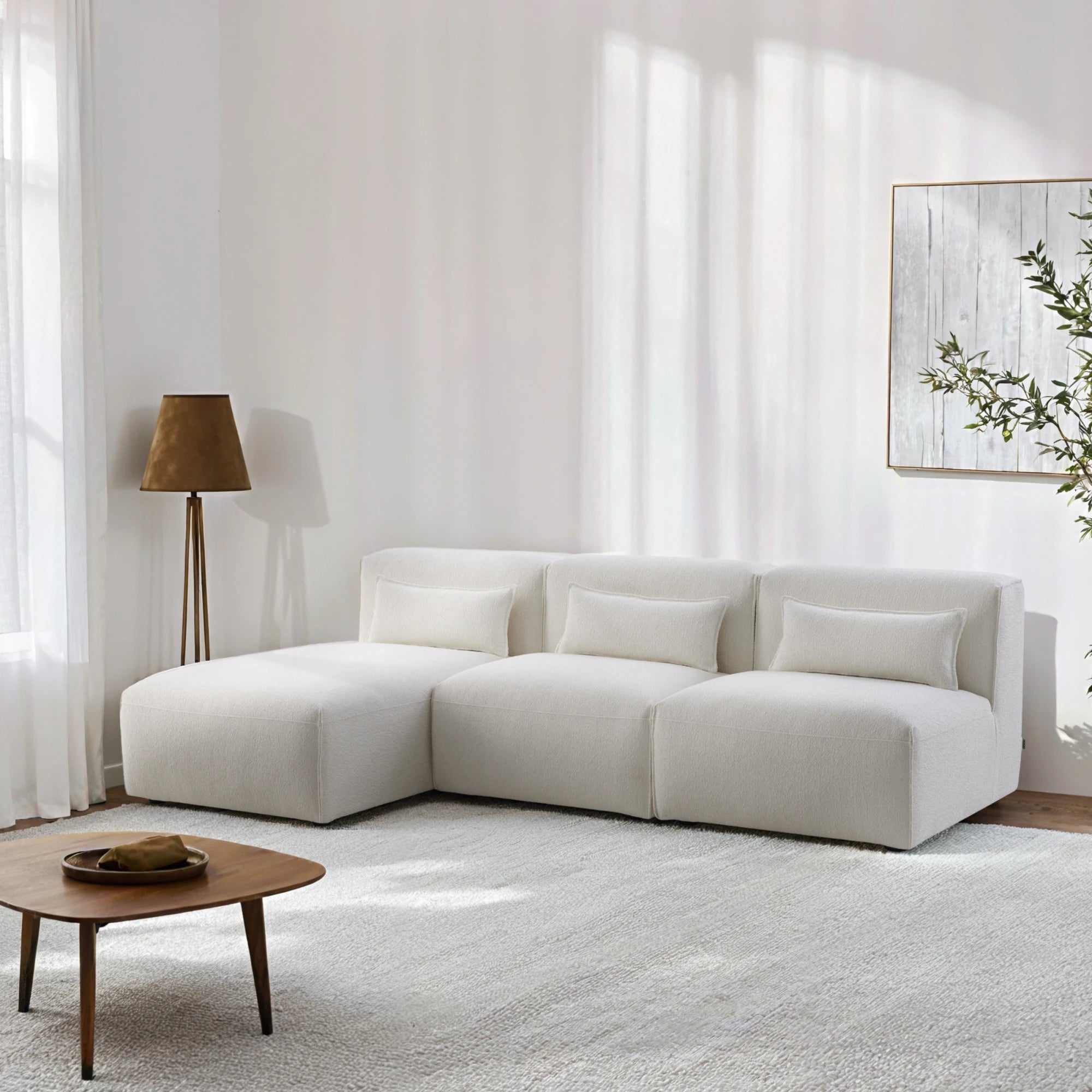 MODE Bravo 4-Seater Armless Modular Sofa with Chaise, Boucle, Creamy White