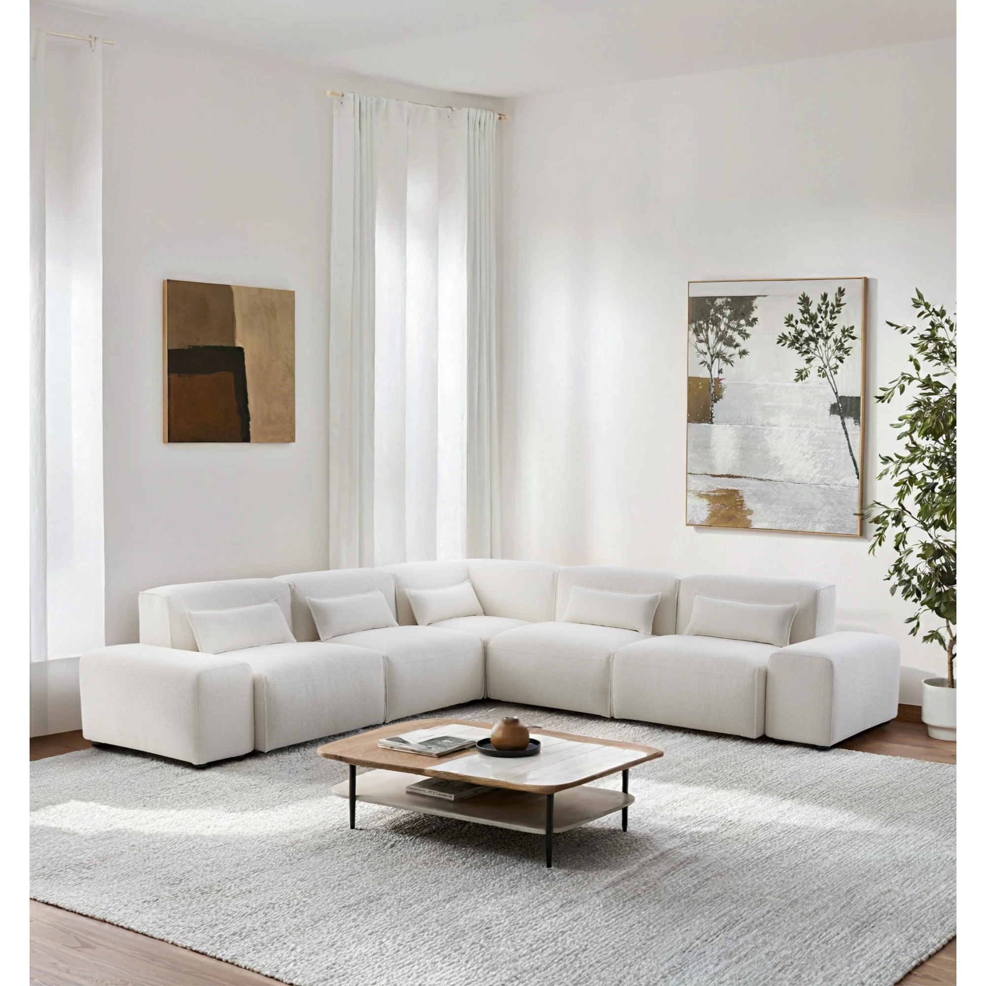 MODE Bravo 5-Seater Modular Corner Sofa with Arm, Boucle, Creamy White