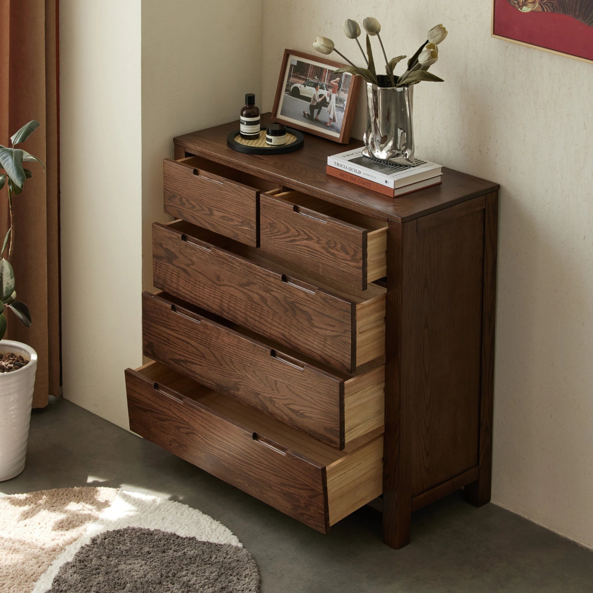 Solidwood Norway Chest of 5 Drawers, 95x40CM, Dark Wood