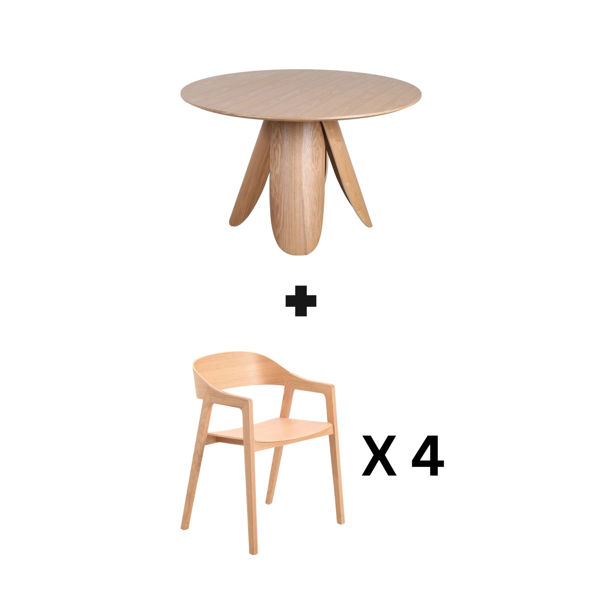 MODE Elara Round Dining Table Set with 4 Bowa Chairs, Natural Wood