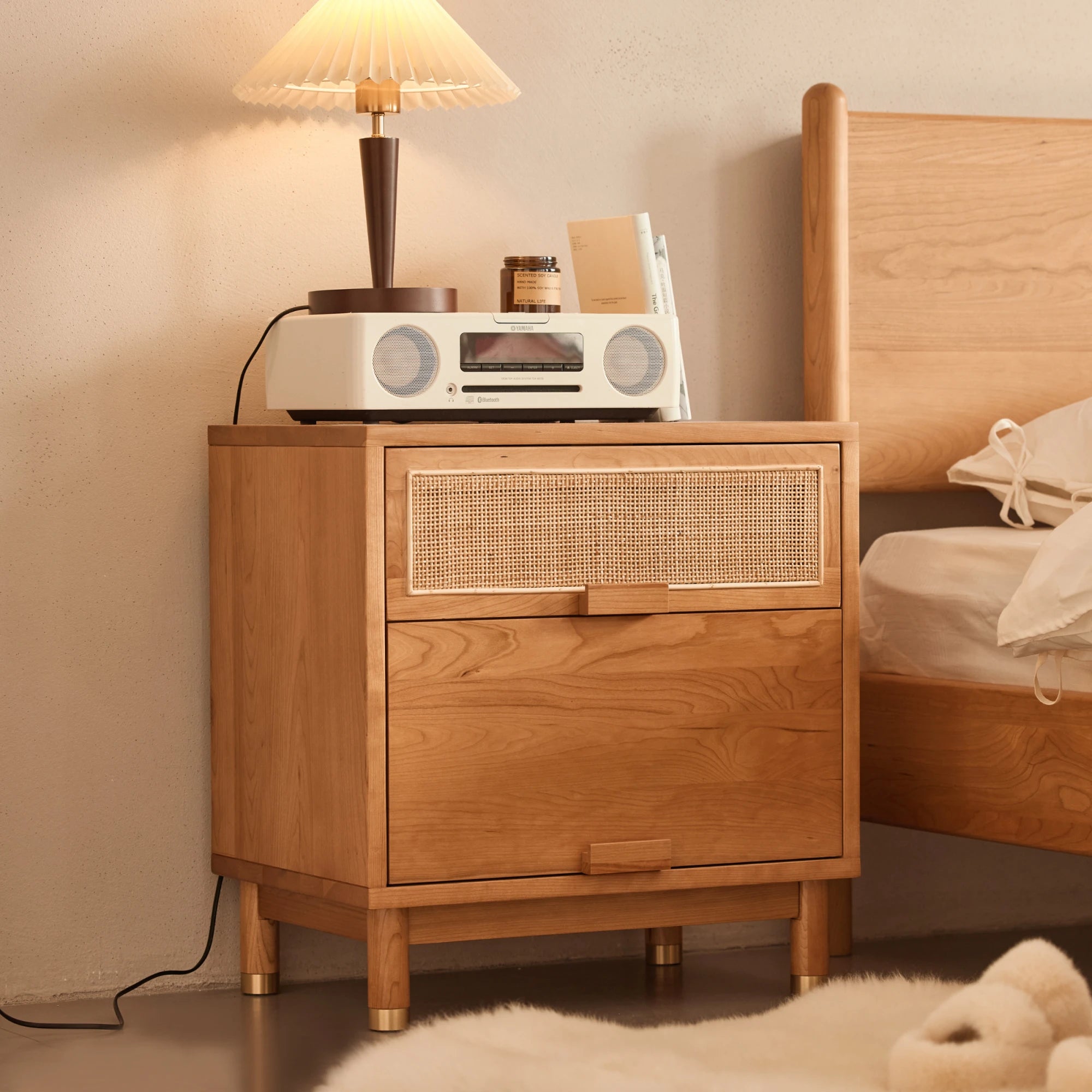 Solidwood Quartz Cherry Bedside Table with Rattan