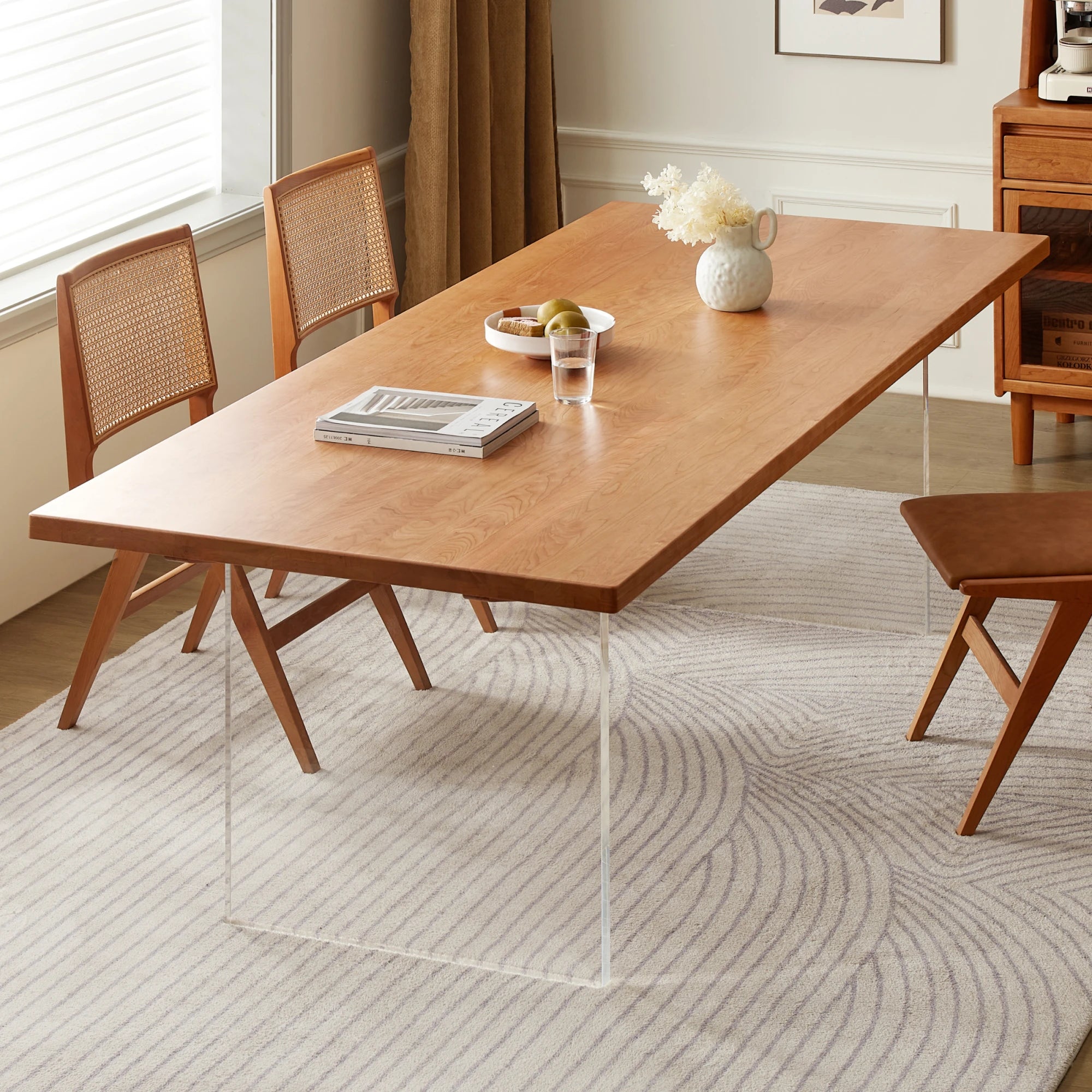 Solidwood Elvoraa Cherry Dining Table With Acrylic Legs, Natural Wood, Transparent