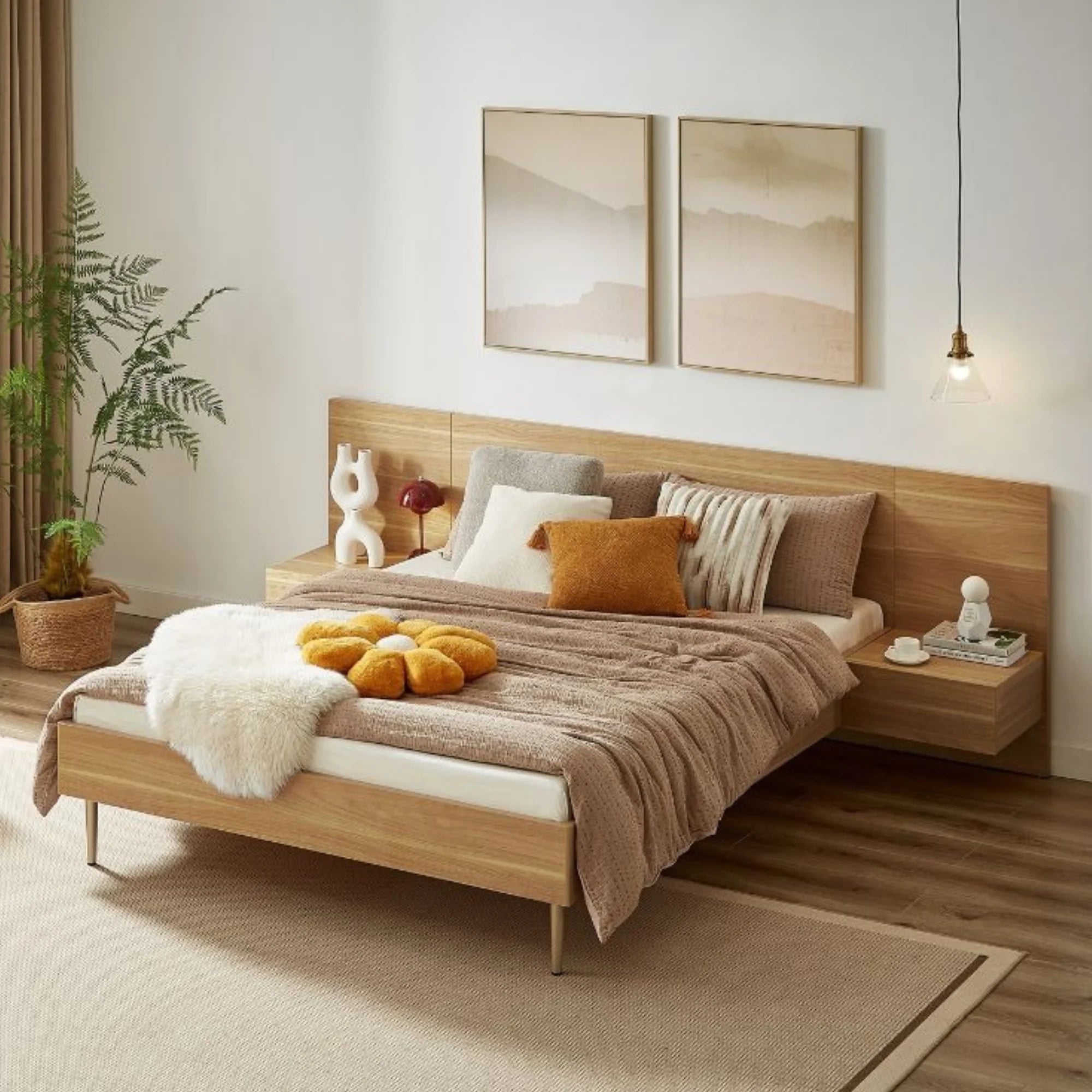 Lifely Eve Bed Frame With 2 Bedside Tables Set, Natural Wood