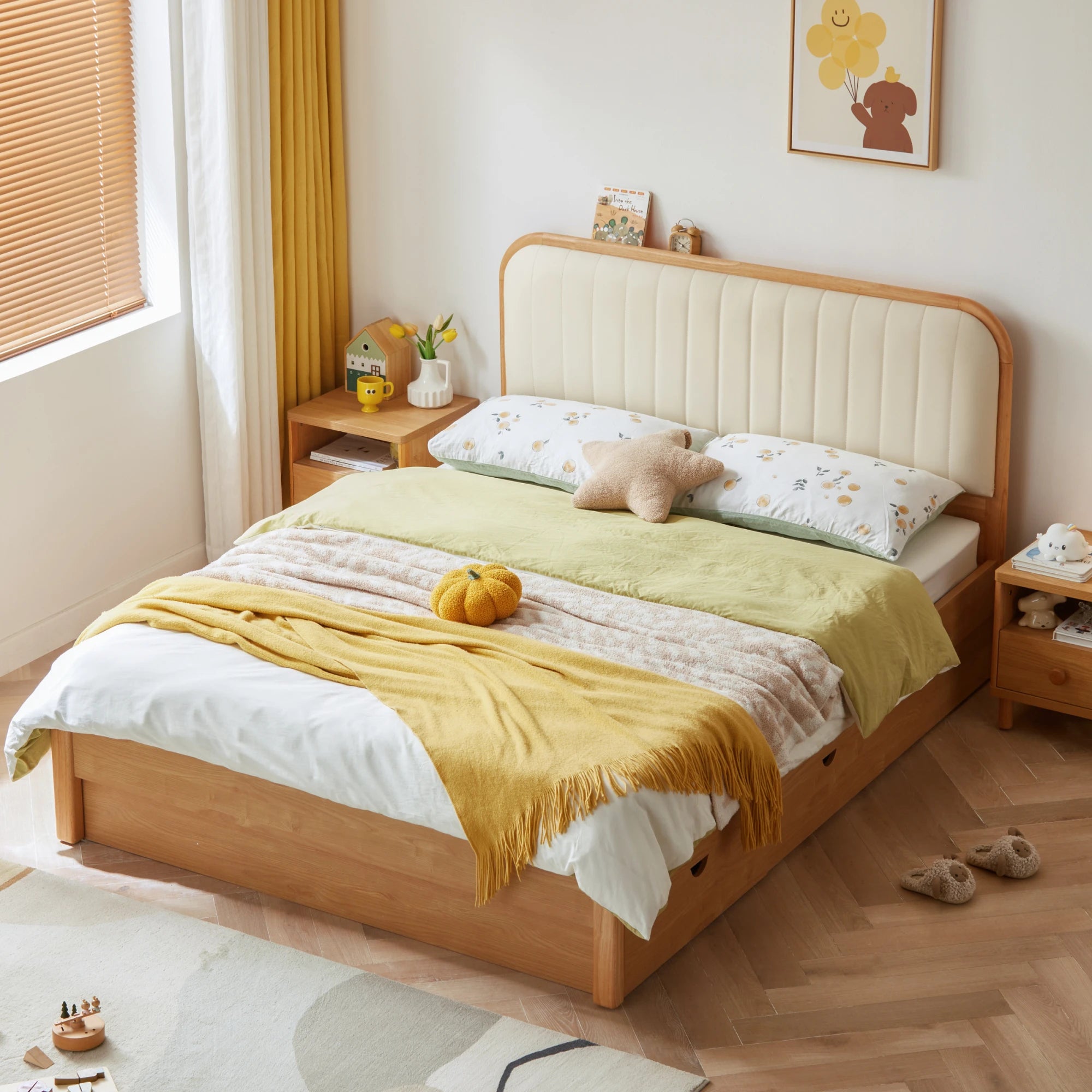 Linspire Sunny Kids Bed Frame with Underbed Drawers, 129x215x107cm, Natural Wood