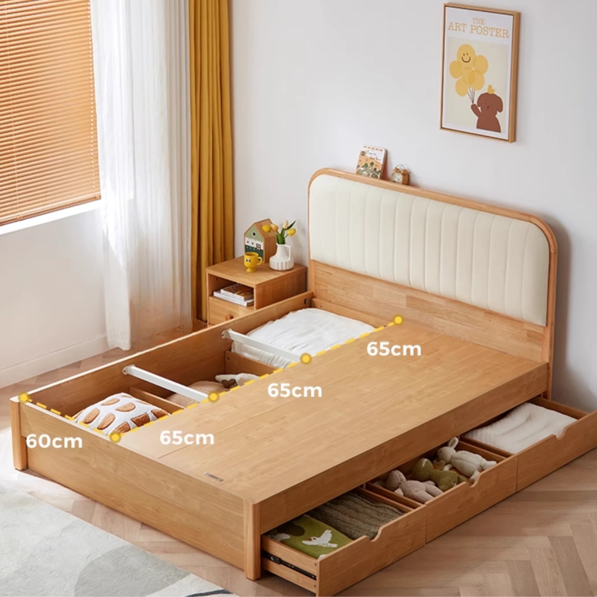 Linspire Sunny Kids Bed Frame with Underbed Drawers, 129x215x107cm, Natural Wood
