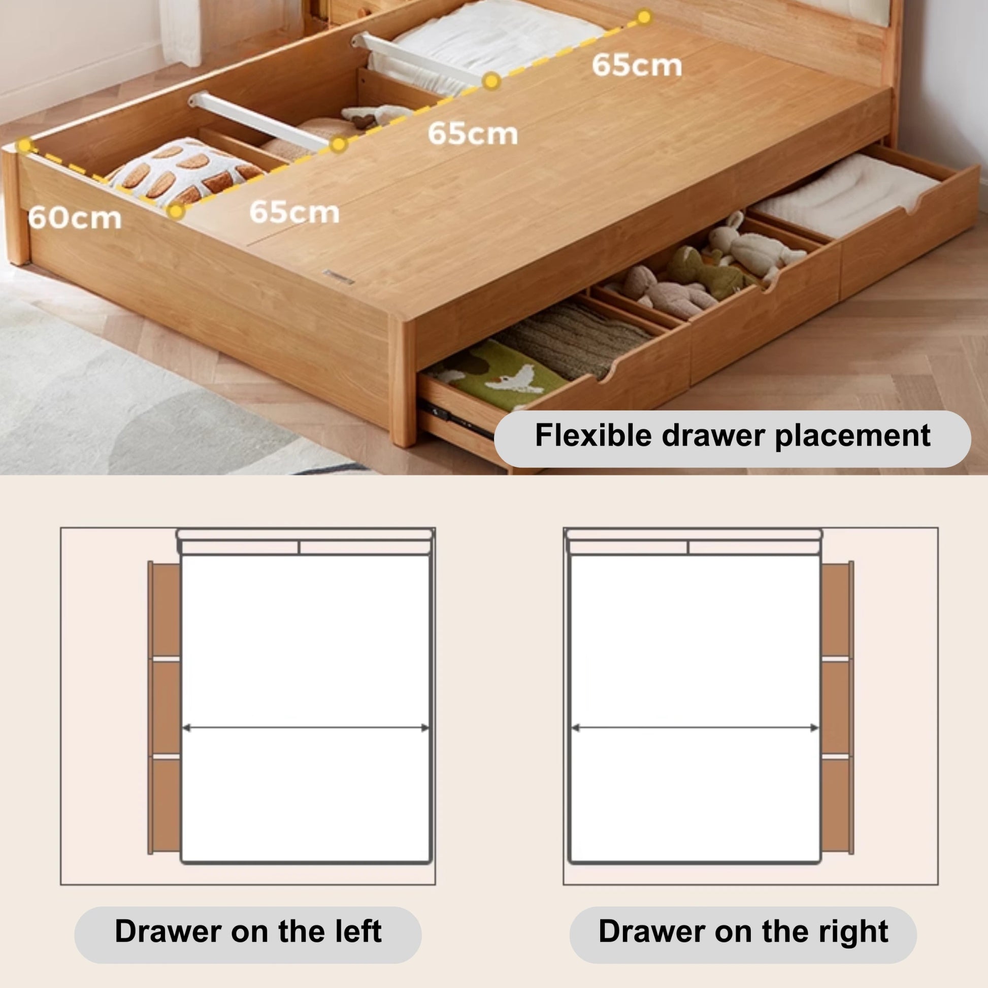 Linspire Sunny Kids Bed Frame with Underbed Drawers, 129x215x107cm, Natural Wood
