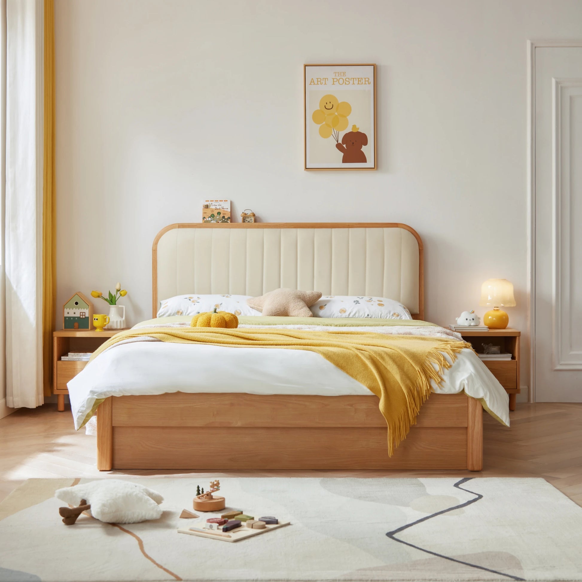 Linspire Sunny Kids Bed Frame with Underbed Drawers, 129x215x107cm, Natural Wood