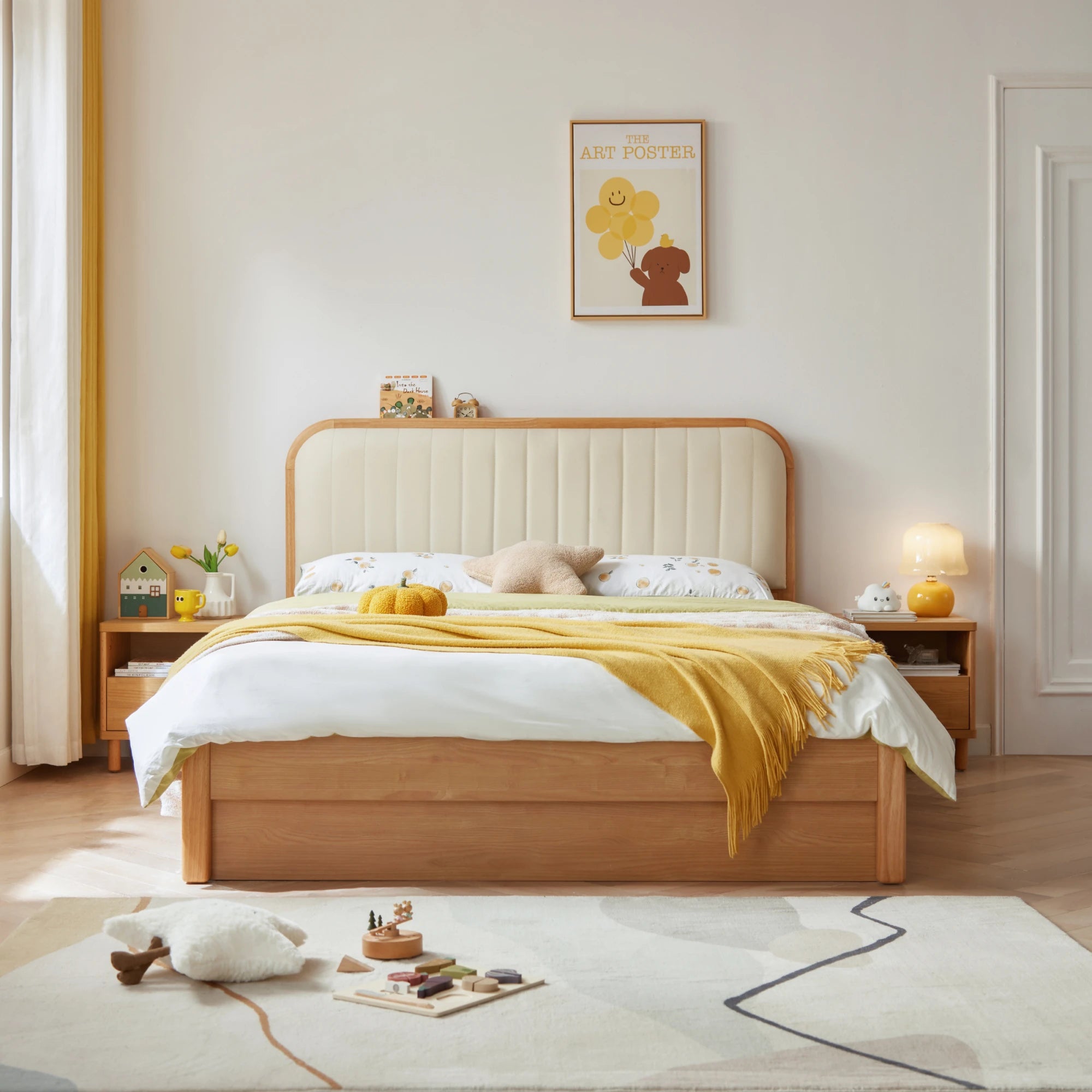 Linspire Sunny Kids Bed Frame with Underbed Drawers, 129x215x107cm, Natural Wood